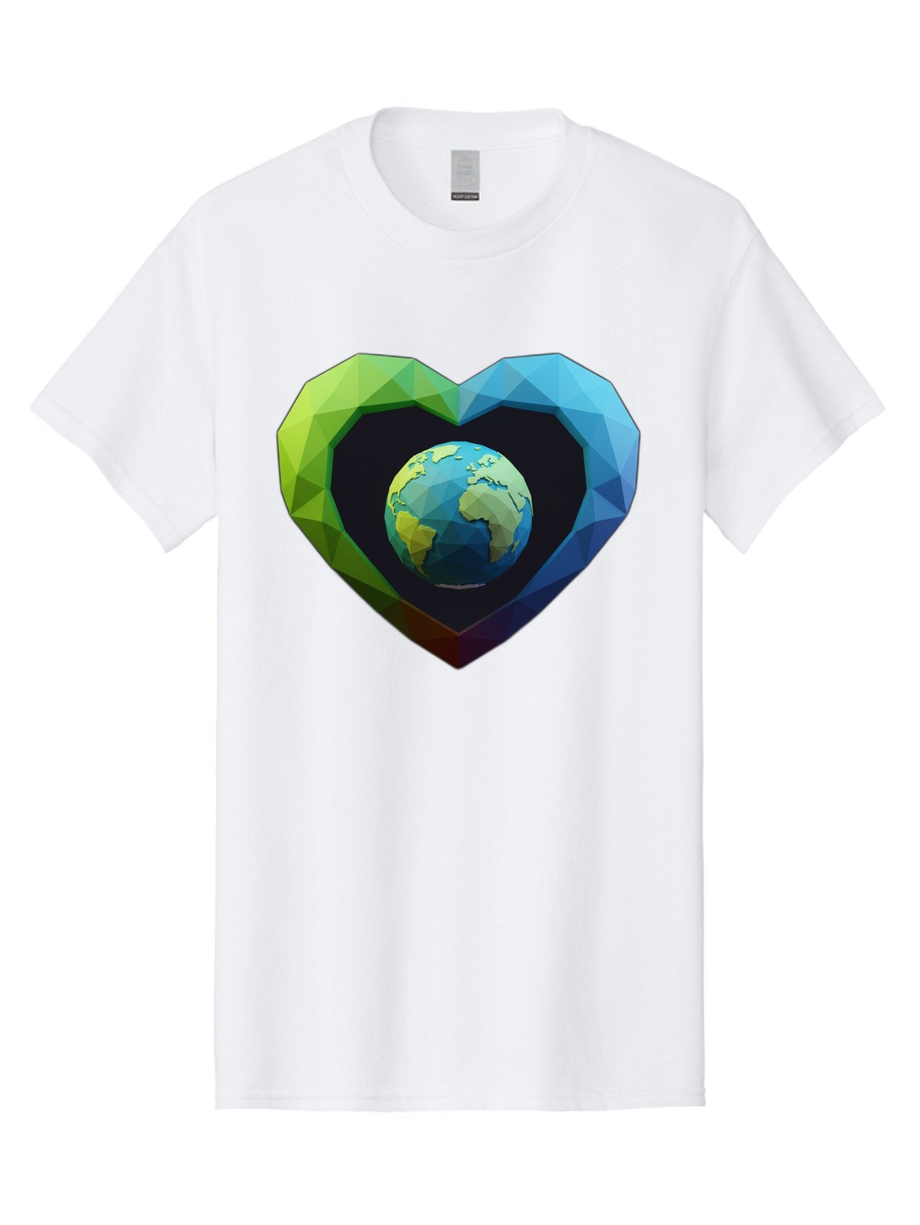 Earth-In-Heart-2 Men'S Graphic Tee, 100% Cotton, Comfortable Casual Summer Wear, Machine Washable, Globe In The Heart, Low Poly Art, Earth Love, Eco Friendly, Environmental Awareness, Blue And Green Hues, Polygonal Heart, Earth Centered, Baa582