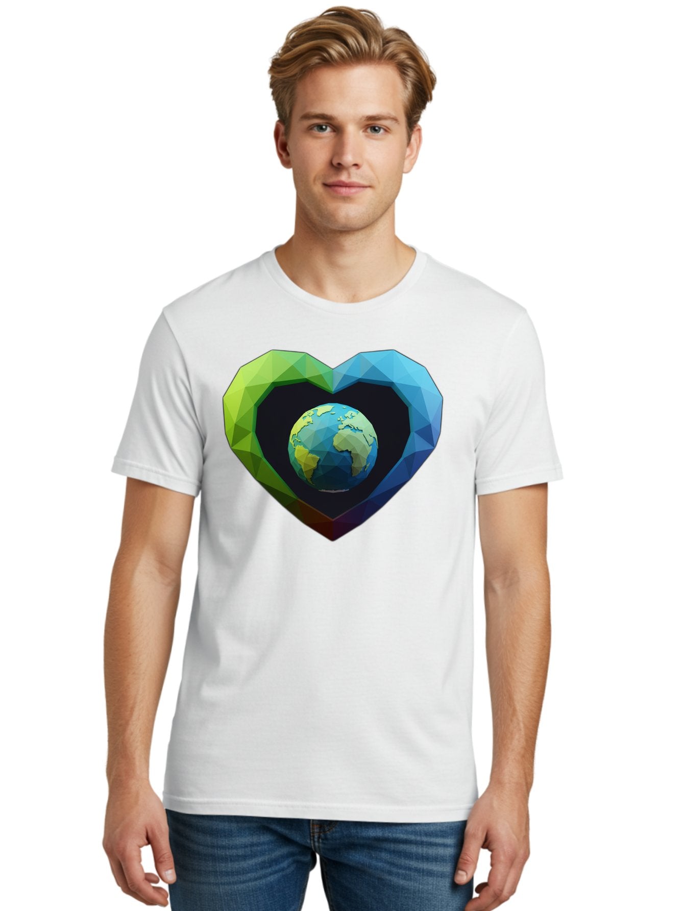 Earth-In-Heart-2 Men'S Graphic Tee, 100% Cotton, Comfortable Casual Summer Wear, Machine Washable, Globe In The Heart, Low Poly Art, Earth Love, Eco Friendly, Environmental Awareness, Blue And Green Hues, Polygonal Heart, Earth Centered, Baa582 19