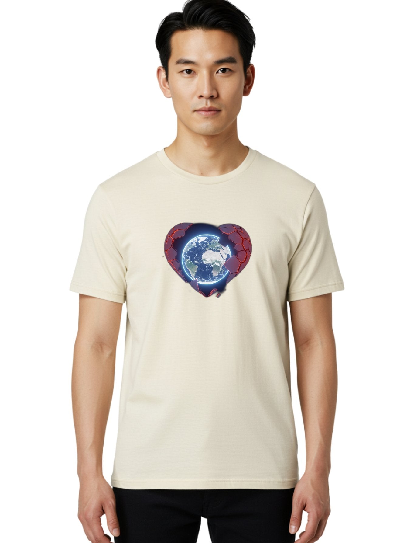 Earth-In-Heart-3 Men'S Graphic Tee, 100% Cotton, Comfortable Casual Summer Wear, Machine Washable, Globe In Heart Shape, Love For The Planet, Global Unity, Earth Protection, World Harmony, Futuristic Design, Heart-Shaped Armor, Baa583 18