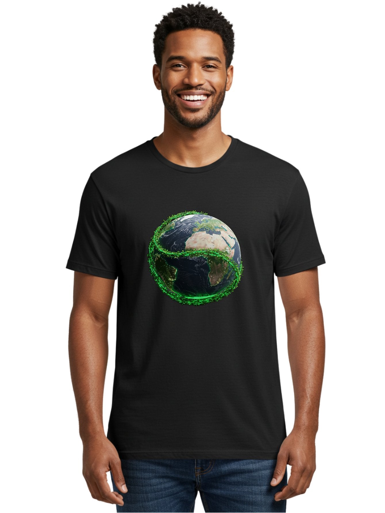 Earth-With-Circuitry Men'S Graphic Tee, 100% Cotton, Comfortable Casual Summer Wear, Machine Washable, Globe With Chain Link, International Security, Global Protection, Earth From Space, Chain Link Fence, Digital Representation, 3D Rendering, Baa586 29