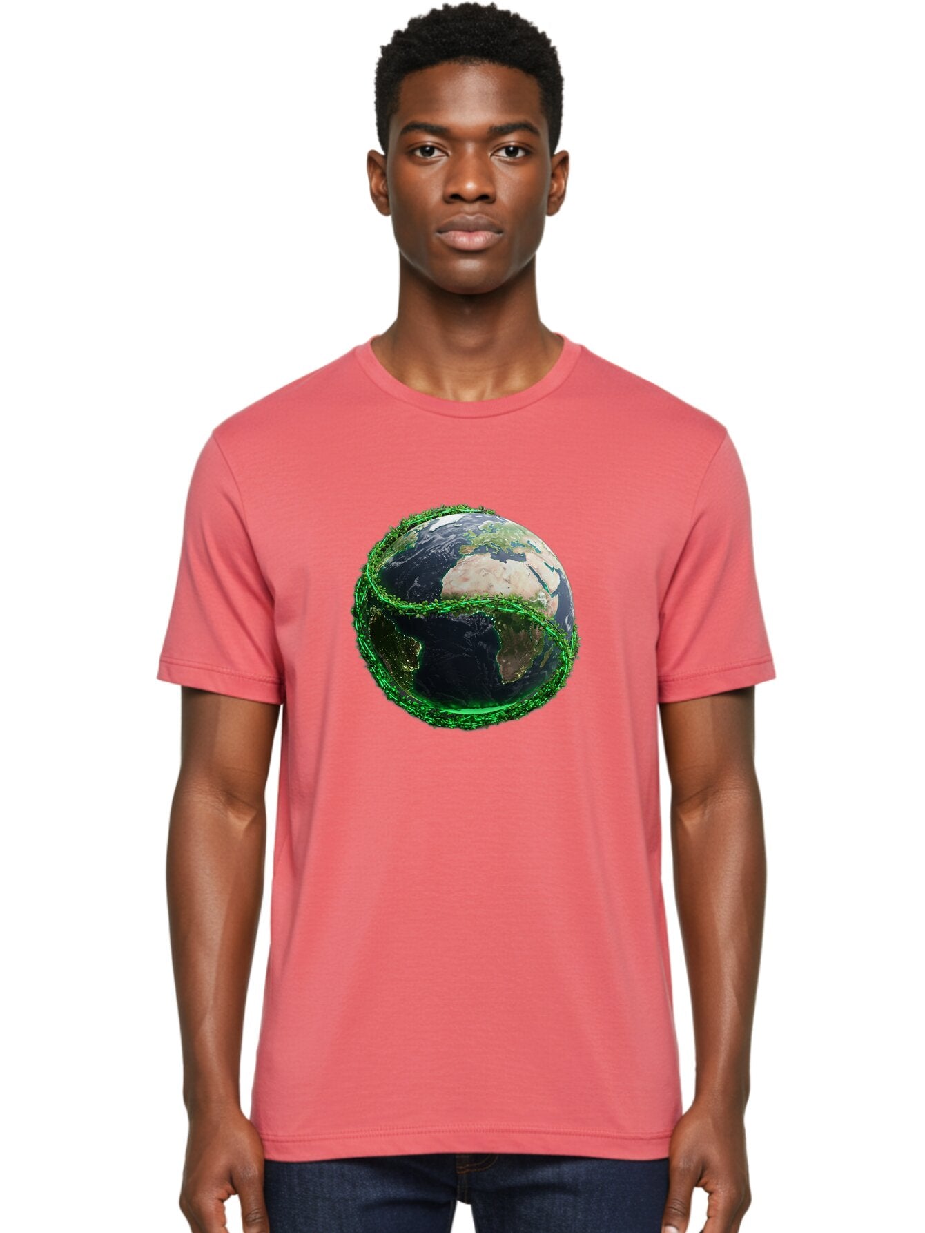 Earth-With-Circuitry Men'S Graphic Tee, 100% Cotton, Comfortable Casual Summer Wear, Machine Washable, Globe With Chain Link, International Security, Global Protection, Earth From Space, Chain Link Fence, Digital Representation, 3D Rendering, Baa586 30