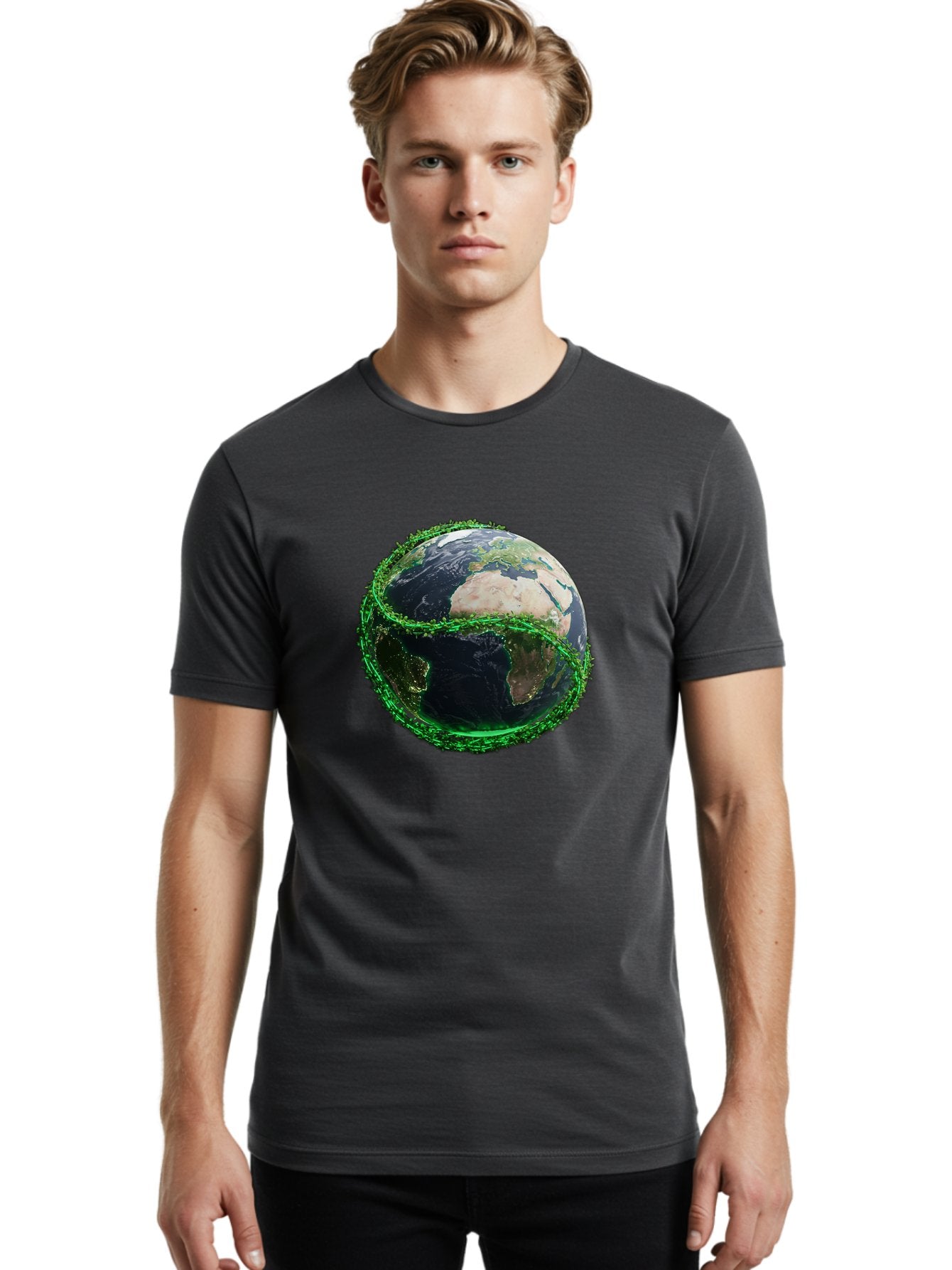 Earth-With-Circuitry Men'S Graphic Tee, 100% Cotton, Comfortable Casual Summer Wear, Machine Washable, Globe With Chain Link, International Security, Global Protection, Earth From Space, Chain Link Fence, Digital Representation, 3D Rendering, Baa586 22