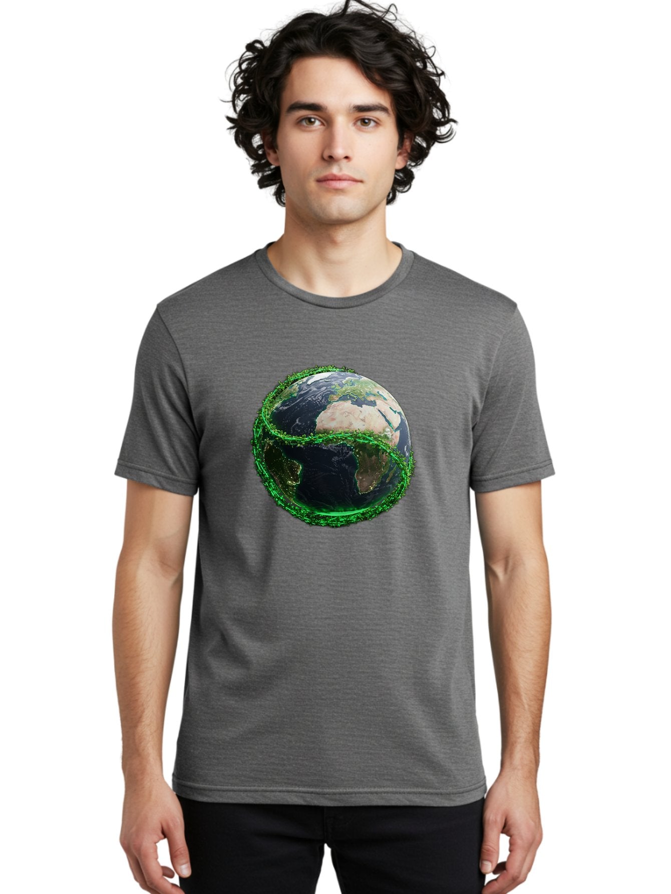 Earth-With-Circuitry Men'S Graphic Tee, 100% Cotton, Comfortable Casual Summer Wear, Machine Washable, Globe With Chain Link, International Security, Global Protection, Earth From Space, Chain Link Fence, Digital Representation, 3D Rendering, Baa586 28