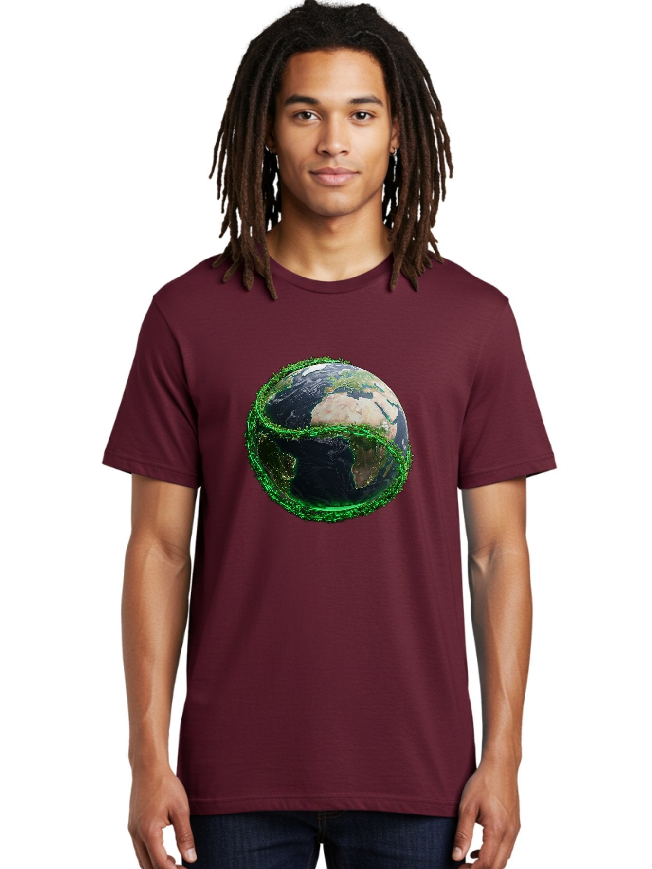 Earth-With-Circuitry Men'S Graphic Tee, 100% Cotton, Comfortable Casual Summer Wear, Machine Washable, Globe With Chain Link, International Security, Global Protection, Earth From Space, Chain Link Fence, Digital Representation, 3D Rendering, Baa586 27