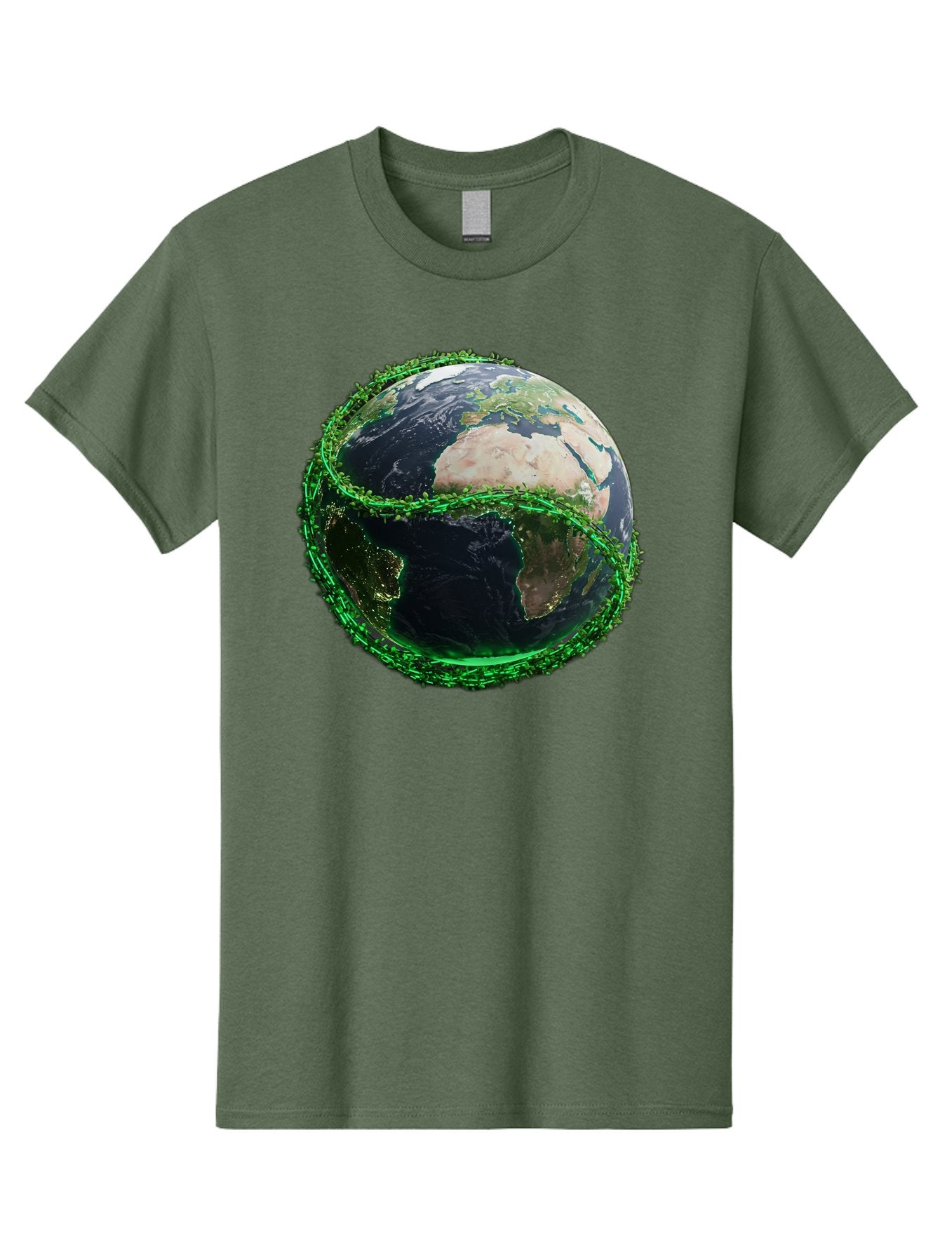 Earth-With-Circuitry Men'S Graphic Tee, 100% Cotton, Comfortable Casual Summer Wear, Machine Washable, Globe With Chain Link, International Security, Global Protection, Earth From Space, Chain Link Fence, Digital Representation, 3D Rendering, Baa586 5