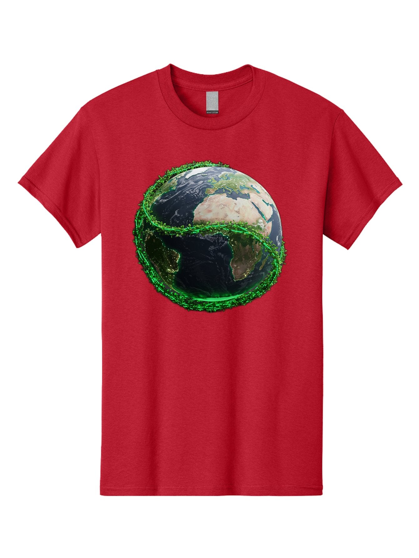 Earth-With-Circuitry Men'S Graphic Tee, 100% Cotton, Comfortable Casual Summer Wear, Machine Washable, Globe With Chain Link, International Security, Global Protection, Earth From Space, Chain Link Fence, Digital Representation, 3D Rendering, Baa586 6