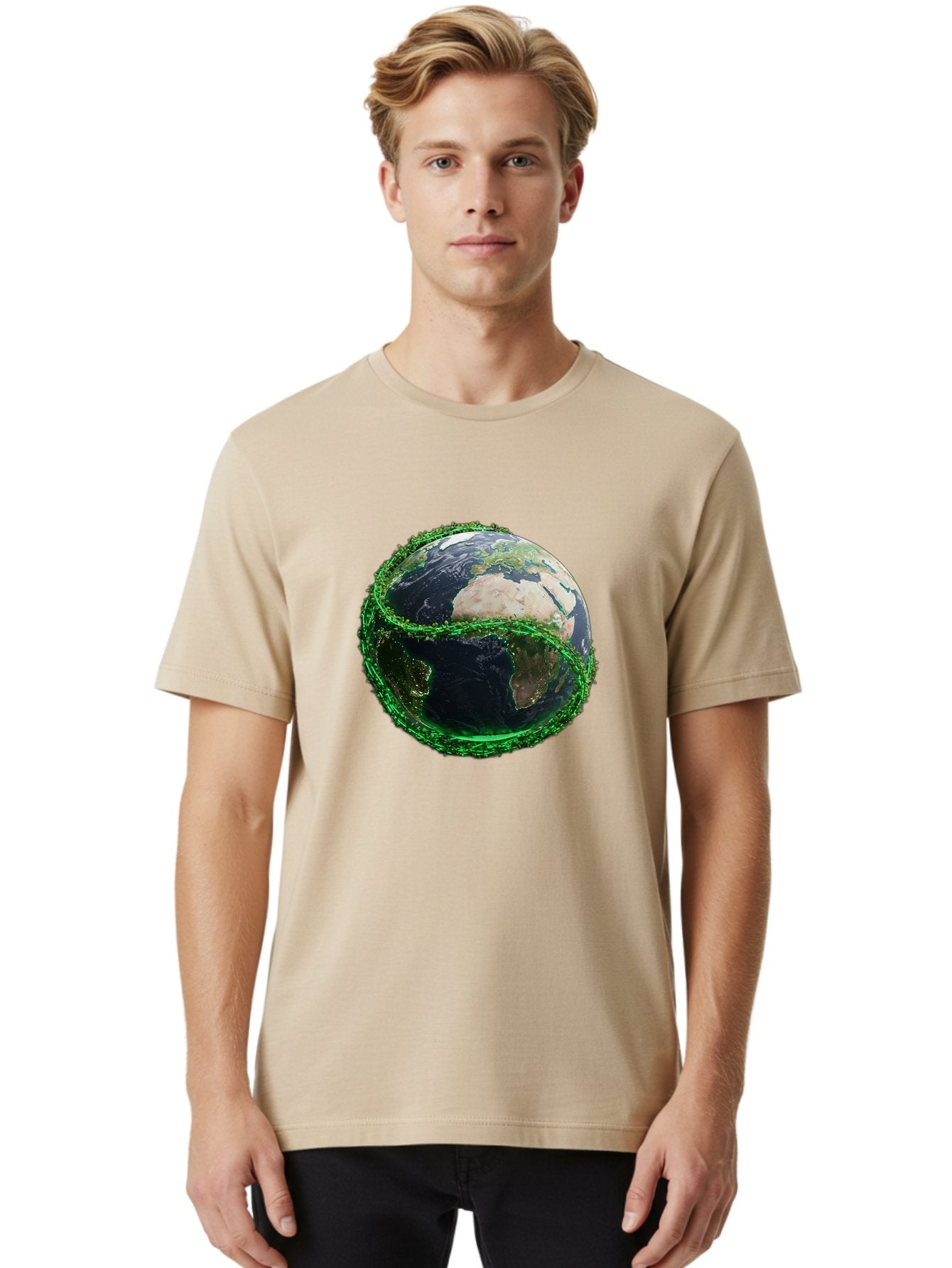 Earth-With-Circuitry Men'S Graphic Tee, 100% Cotton, Comfortable Casual Summer Wear, Machine Washable, Globe With Chain Link, International Security, Global Protection, Earth From Space, Chain Link Fence, Digital Representation, 3D Rendering, Baa586 21