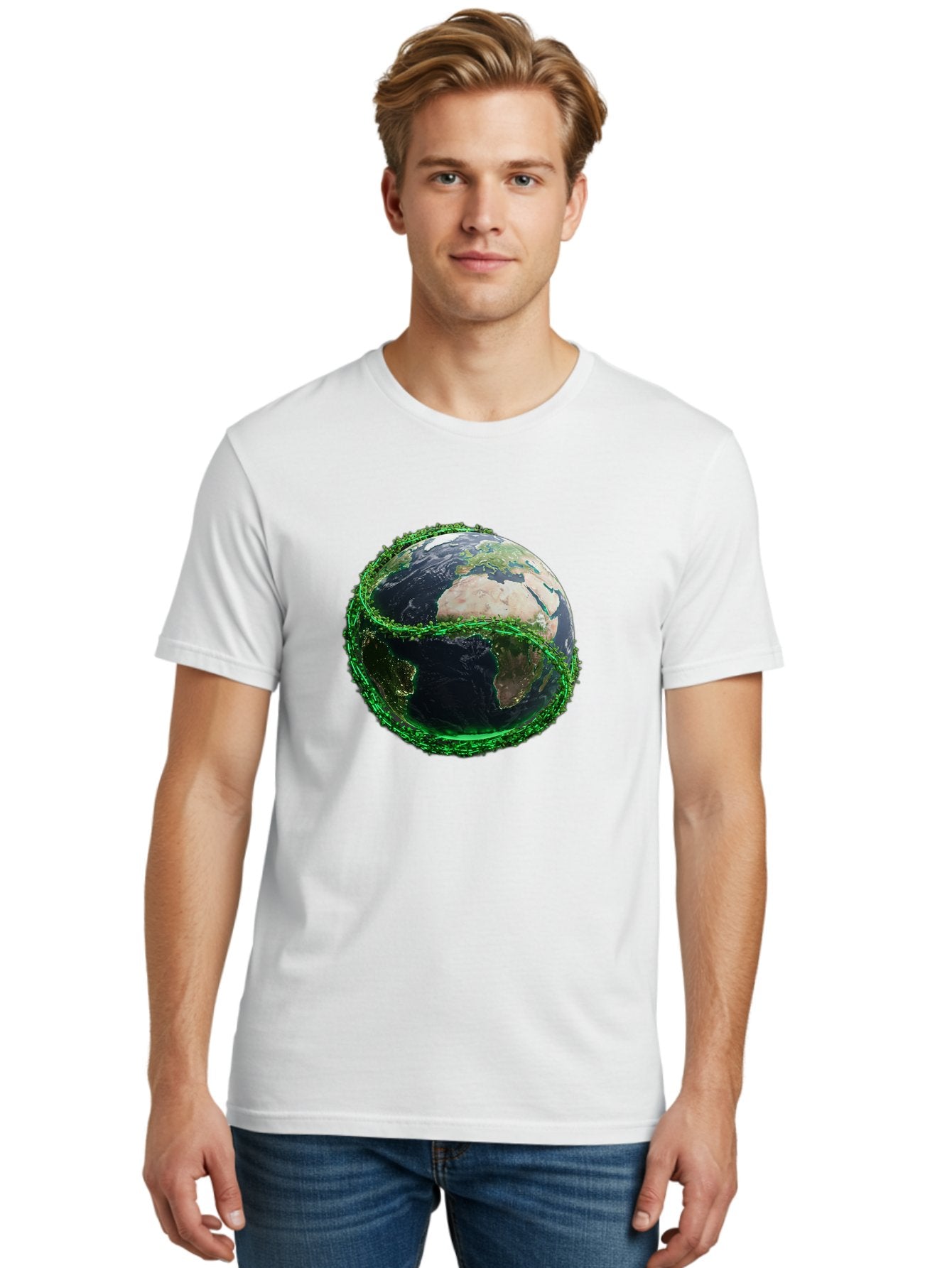 Earth-With-Circuitry Men'S Graphic Tee, 100% Cotton, Comfortable Casual Summer Wear, Machine Washable, Globe With Chain Link, International Security, Global Protection, Earth From Space, Chain Link Fence, Digital Representation, 3D Rendering, Baa586 25