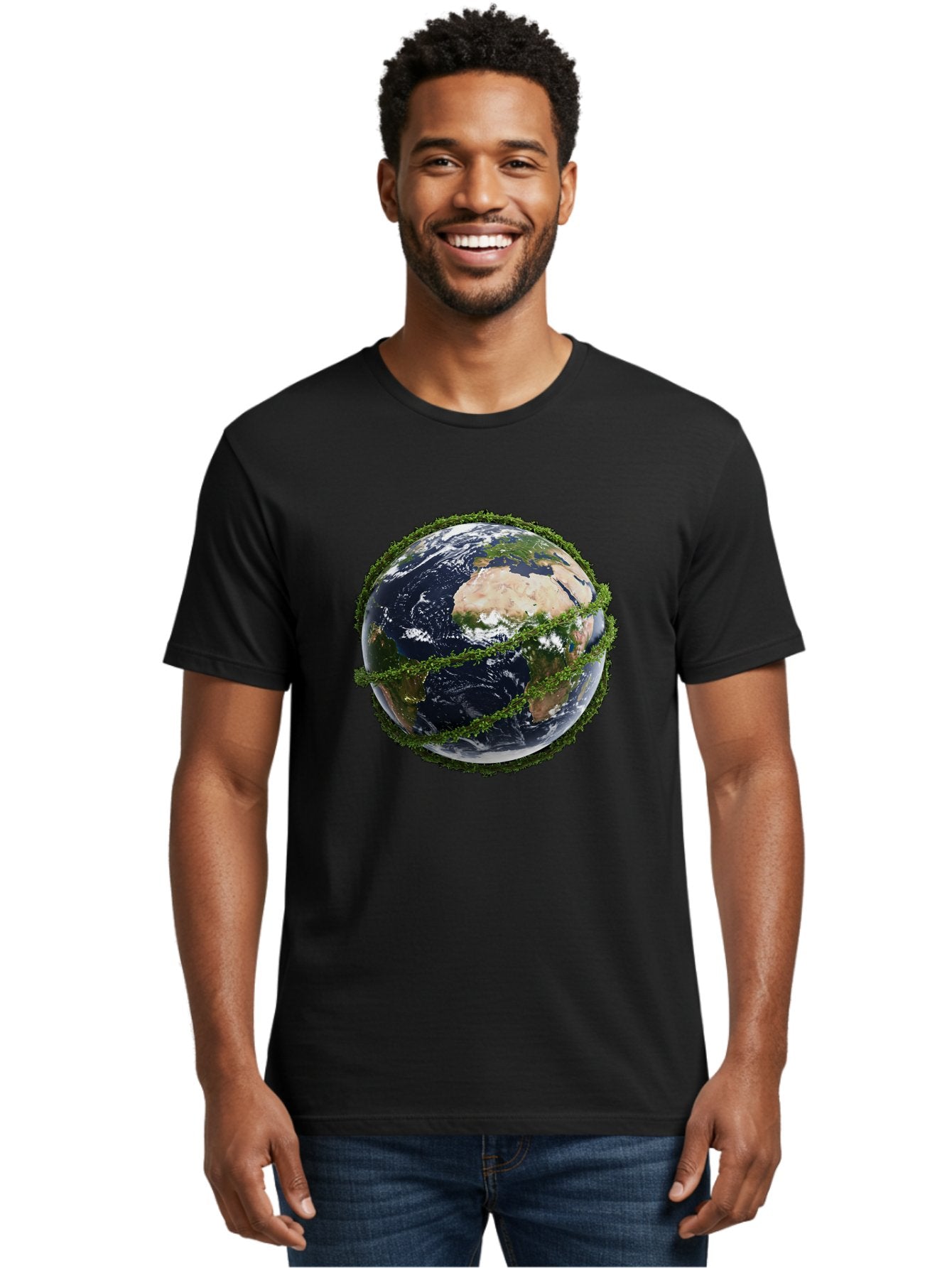 Earth-With-Foliage Men'S Graphic Tee, 100% Cotton, Comfortable Casual Summer Wear, Machine Washable, Globe Surrounded By Greenery, Earth From Space, Environmental Conservation, Global Unity, Sustainable Living, Eco-Friendly, Planet Earth, Baa587 28