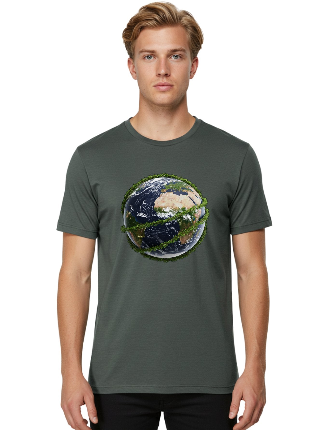 Earth-With-Foliage Men'S Graphic Tee, 100% Cotton, Comfortable Casual Summer Wear, Machine Washable, Globe Surrounded By Greenery, Earth From Space, Environmental Conservation, Global Unity, Sustainable Living, Eco-Friendly, Planet Earth, Baa587 17