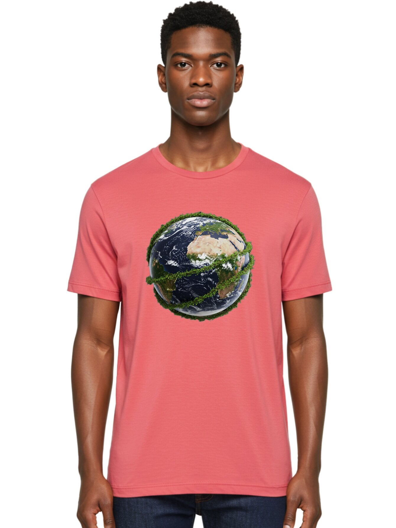 Earth-With-Foliage Men'S Graphic Tee, 100% Cotton, Comfortable Casual Summer Wear, Machine Washable, Globe Surrounded By Greenery, Earth From Space, Environmental Conservation, Global Unity, Sustainable Living, Eco-Friendly, Planet Earth, Baa587 22