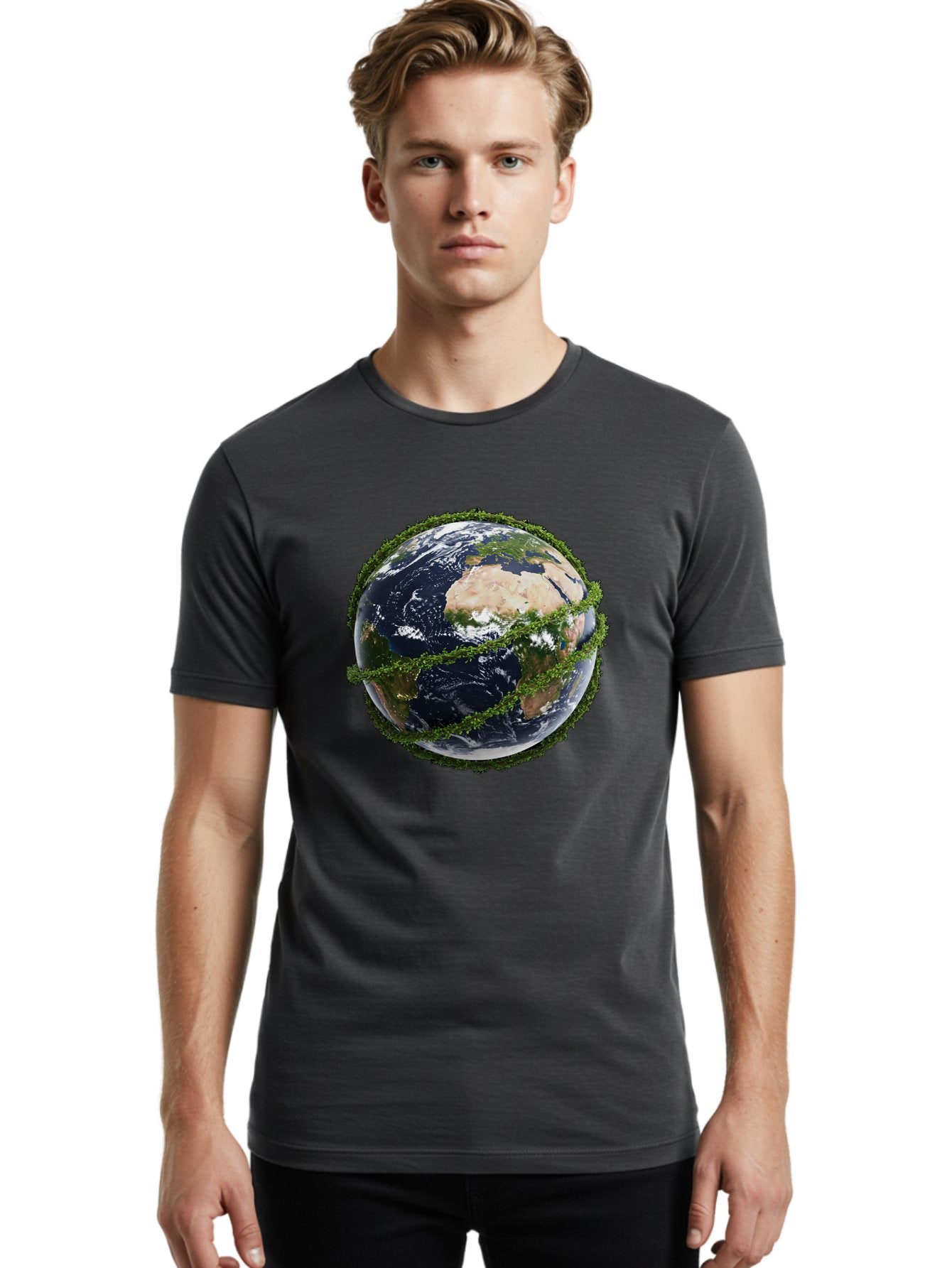 Earth-With-Foliage Men'S Graphic Tee, 100% Cotton, Comfortable Casual Summer Wear, Machine Washable, Globe Surrounded By Greenery, Earth From Space, Environmental Conservation, Global Unity, Sustainable Living, Eco-Friendly, Planet Earth, Baa587 19