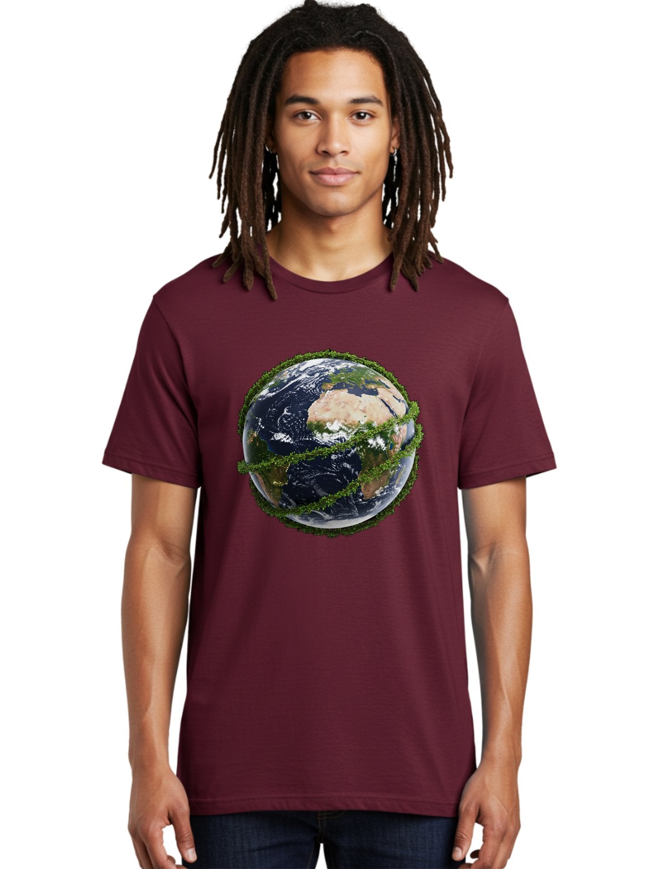 Earth-With-Foliage Men'S Graphic Tee, 100% Cotton, Comfortable Casual Summer Wear, Machine Washable, Globe Surrounded By Greenery, Earth From Space, Environmental Conservation, Global Unity, Sustainable Living, Eco-Friendly, Planet Earth, Baa587 24