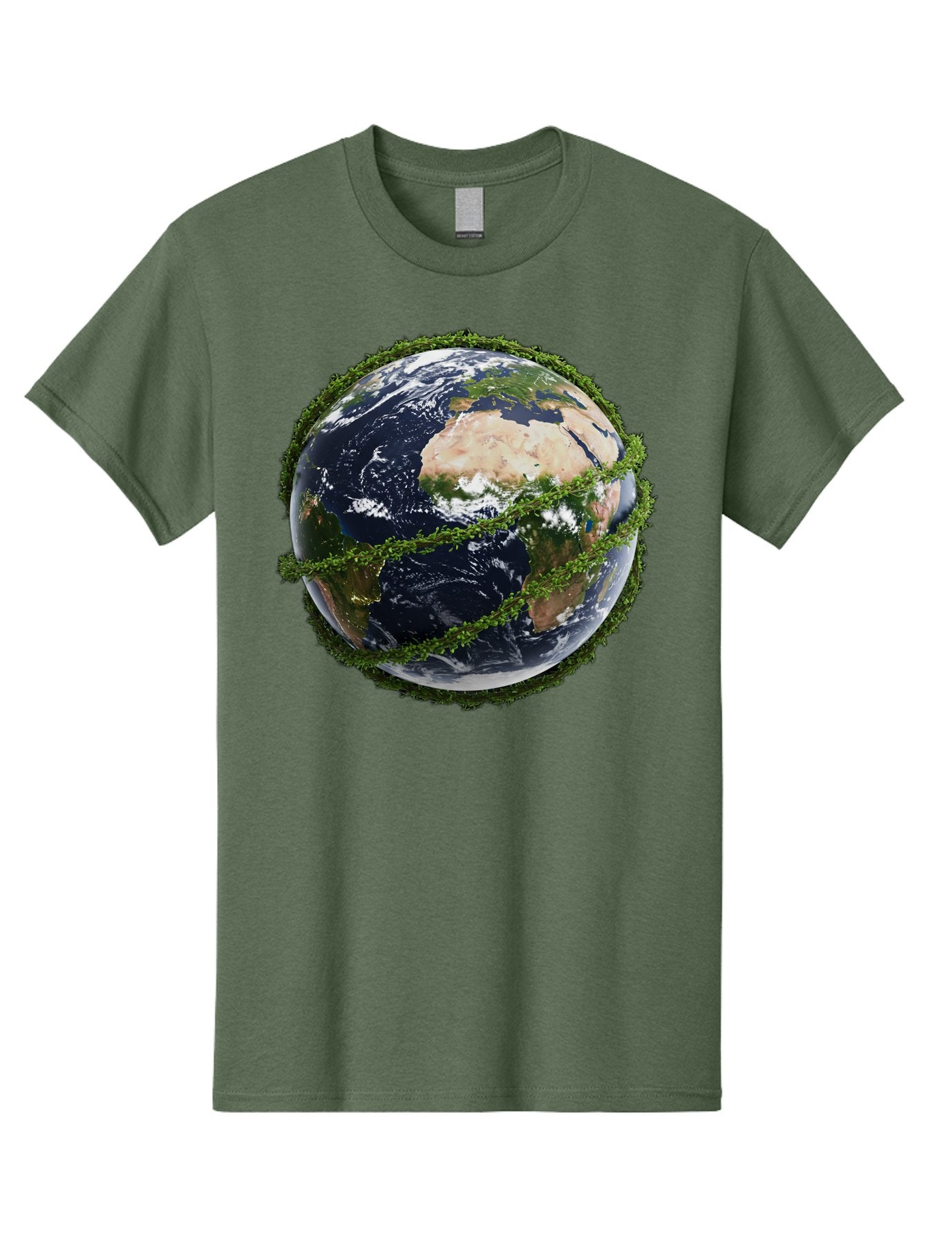 Earth-With-Foliage Men'S Graphic Tee, 100% Cotton, Comfortable Casual Summer Wear, Machine Washable, Globe Surrounded By Greenery, Earth From Space, Environmental Conservation, Global Unity, Sustainable Living, Eco-Friendly, Planet Earth, Baa587