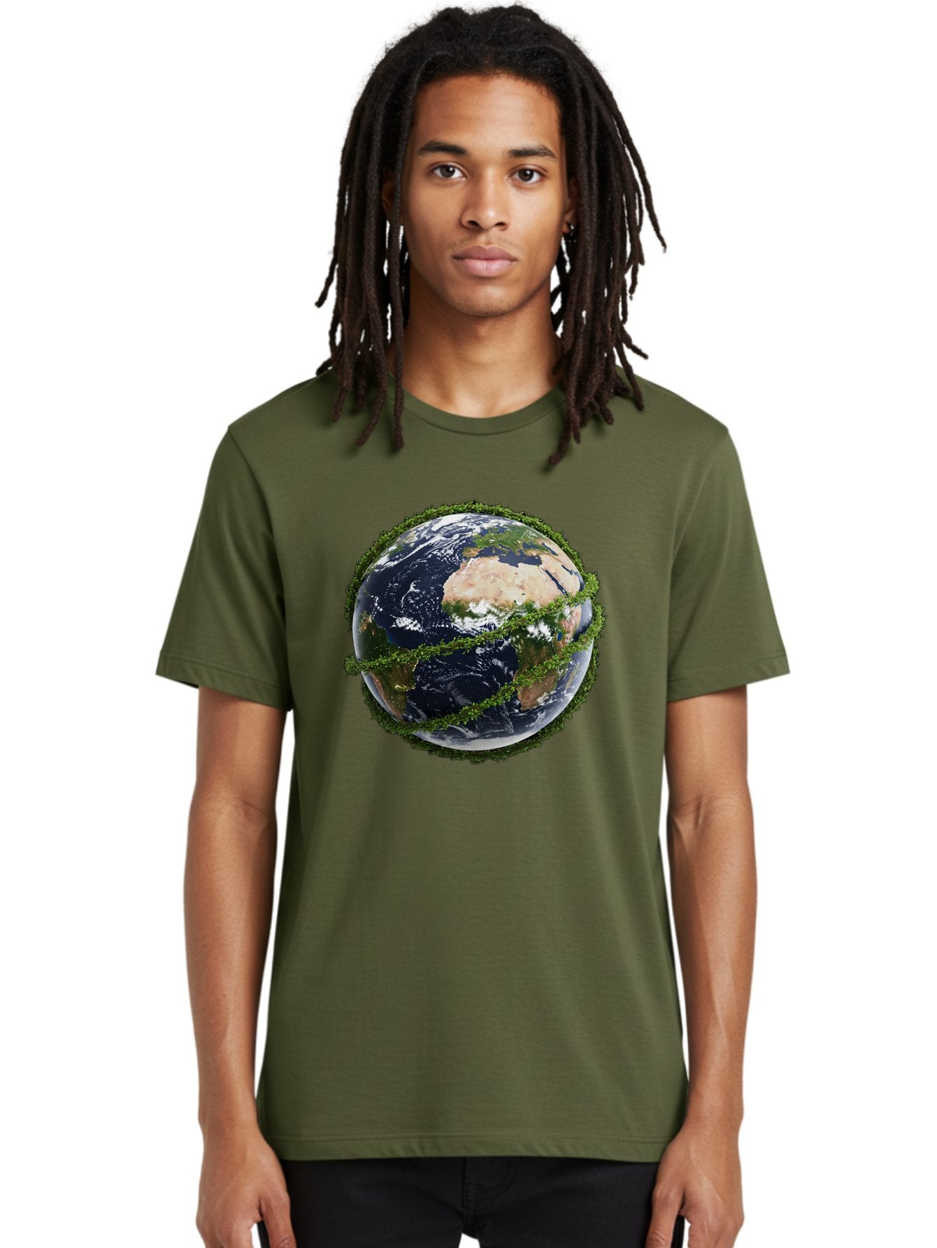 Earth-With-Foliage Men'S Graphic Tee, 100% Cotton, Comfortable Casual Summer Wear, Machine Washable, Globe Surrounded By Greenery, Earth From Space, Environmental Conservation, Global Unity, Sustainable Living, Eco-Friendly, Planet Earth, Baa587 21