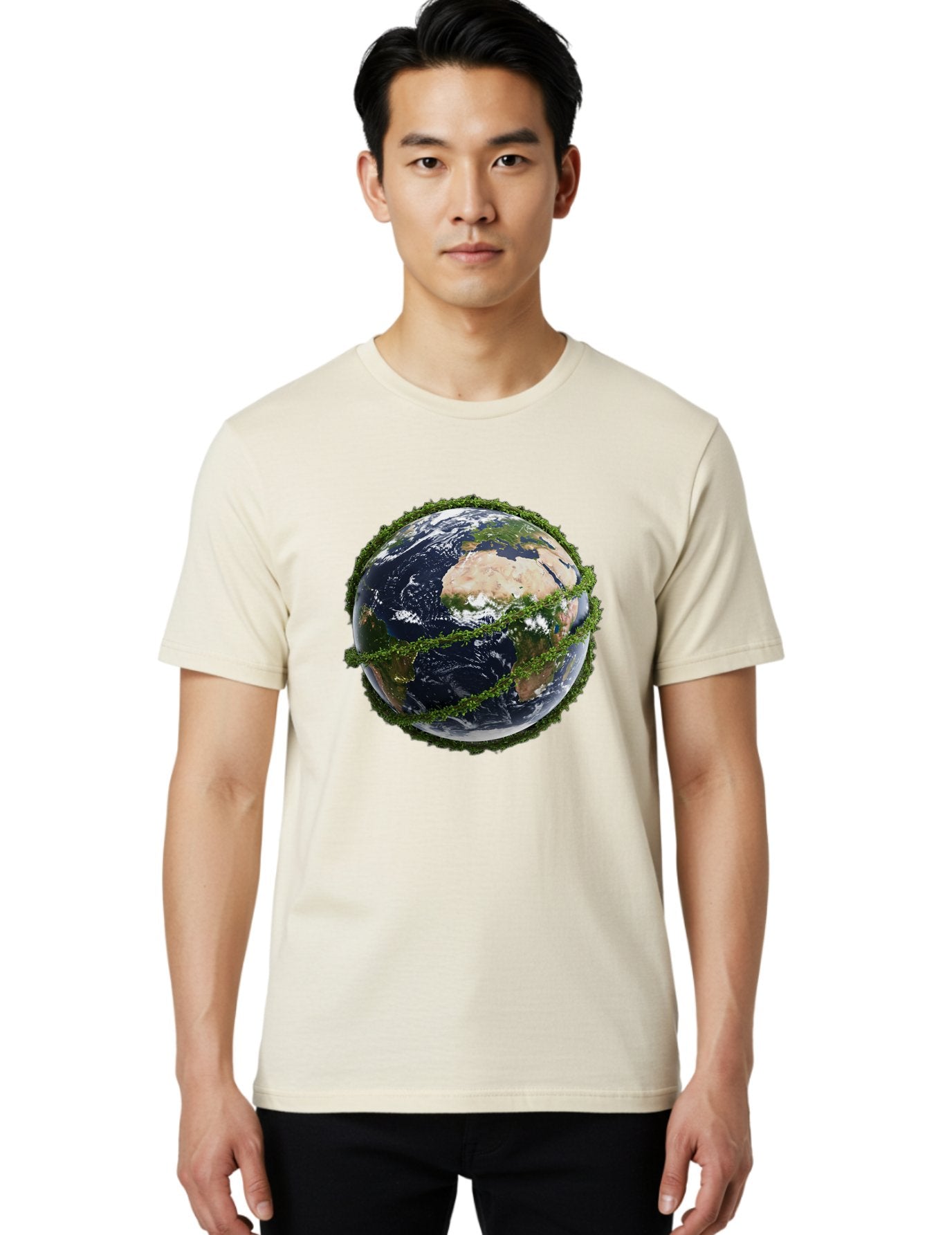 Earth-With-Foliage Men'S Graphic Tee, 100% Cotton, Comfortable Casual Summer Wear, Machine Washable, Globe Surrounded By Greenery, Earth From Space, Environmental Conservation, Global Unity, Sustainable Living, Eco-Friendly, Planet Earth, Baa587 20