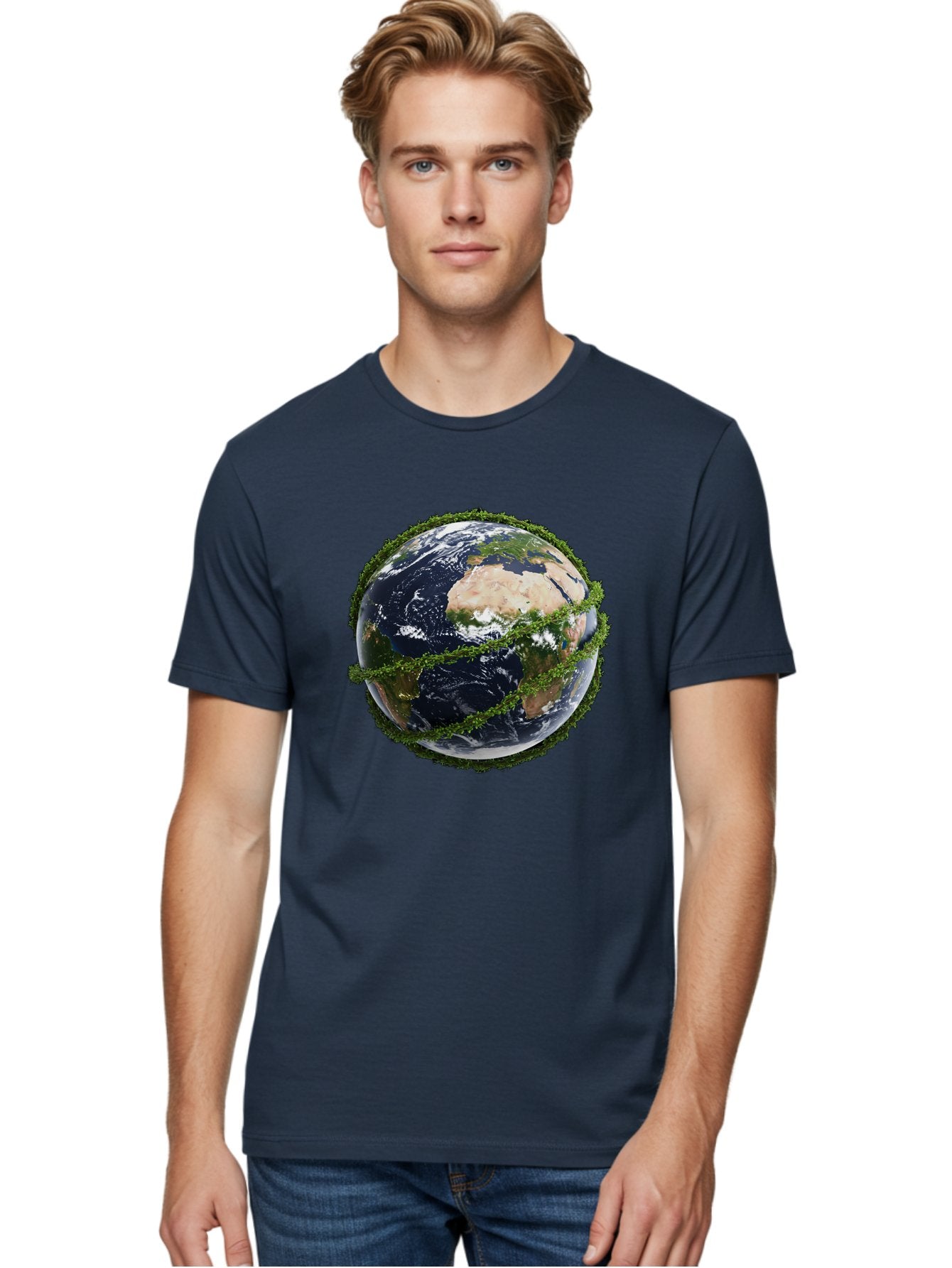 Earth-With-Foliage Men'S Graphic Tee, 100% Cotton, Comfortable Casual Summer Wear, Machine Washable, Globe Surrounded By Greenery, Earth From Space, Environmental Conservation, Global Unity, Sustainable Living, Eco-Friendly, Planet Earth, Baa587 23