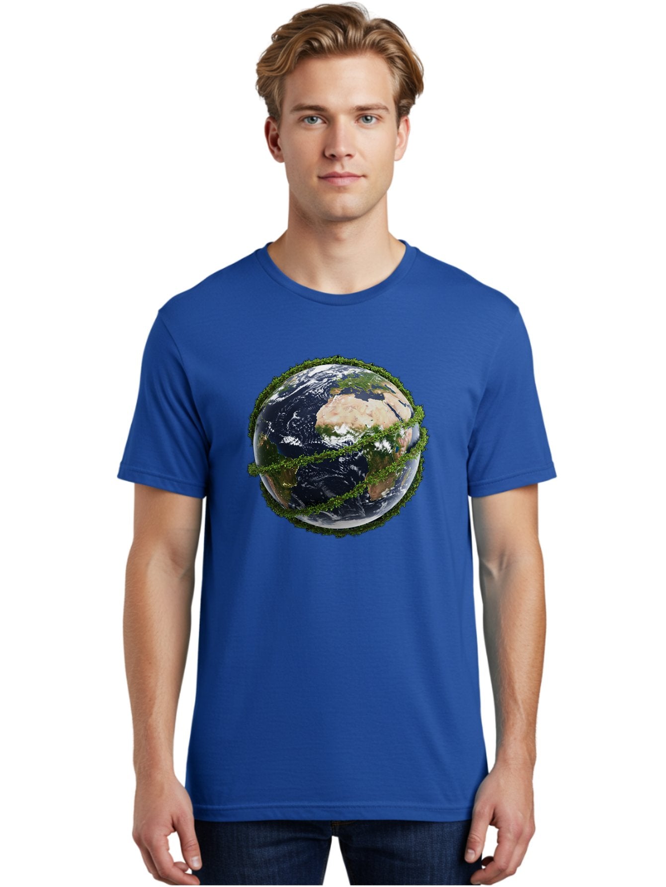 Earth-With-Foliage Men'S Graphic Tee, 100% Cotton, Comfortable Casual Summer Wear, Machine Washable, Globe Surrounded By Greenery, Earth From Space, Environmental Conservation, Global Unity, Sustainable Living, Eco-Friendly, Planet Earth, Baa587 30