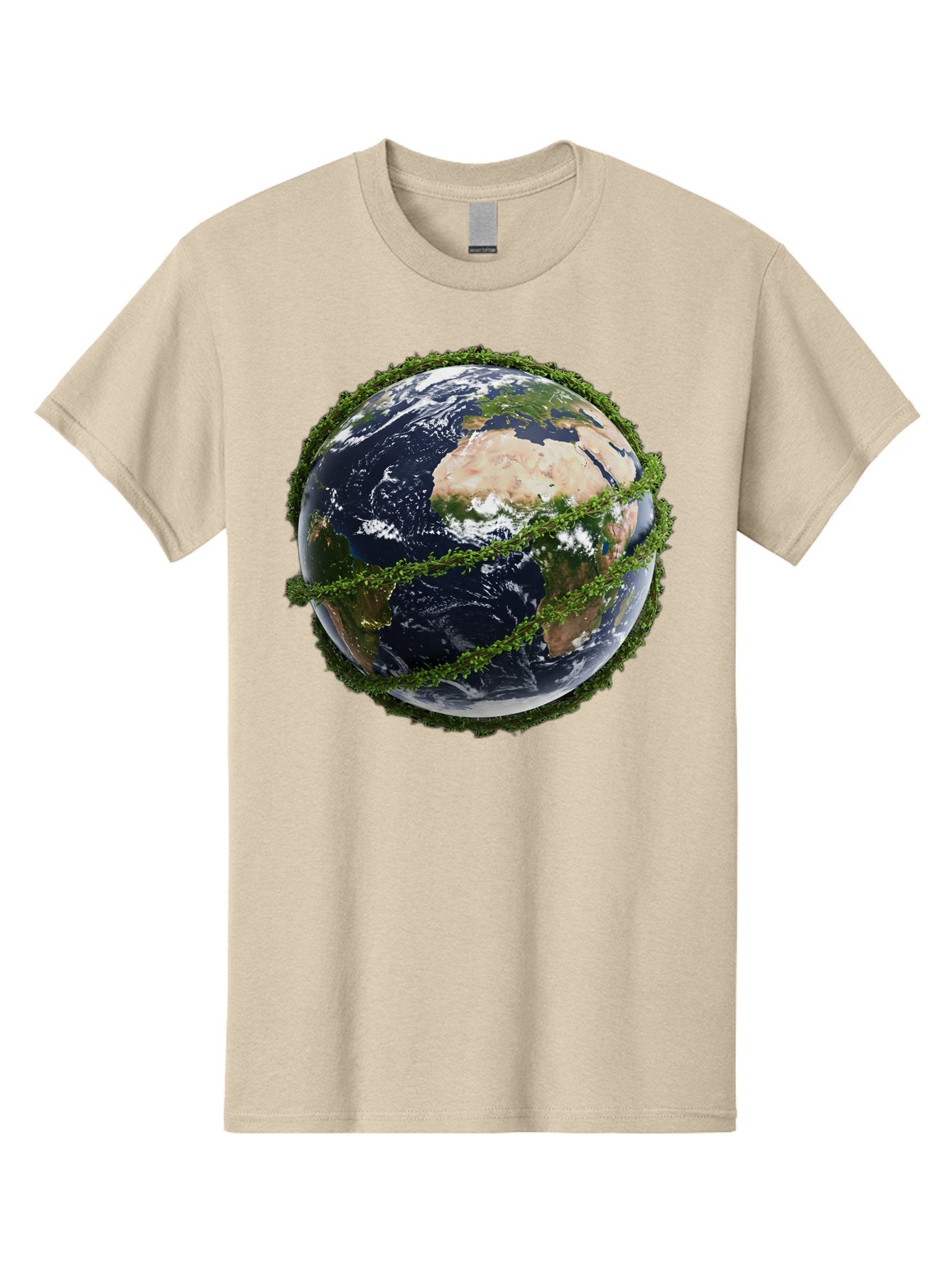 Earth-With-Foliage Men'S Graphic Tee, 100% Cotton, Comfortable Casual Summer Wear, Machine Washable, Globe Surrounded By Greenery, Earth From Space, Environmental Conservation, Global Unity, Sustainable Living, Eco-Friendly, Planet Earth, Baa587 11