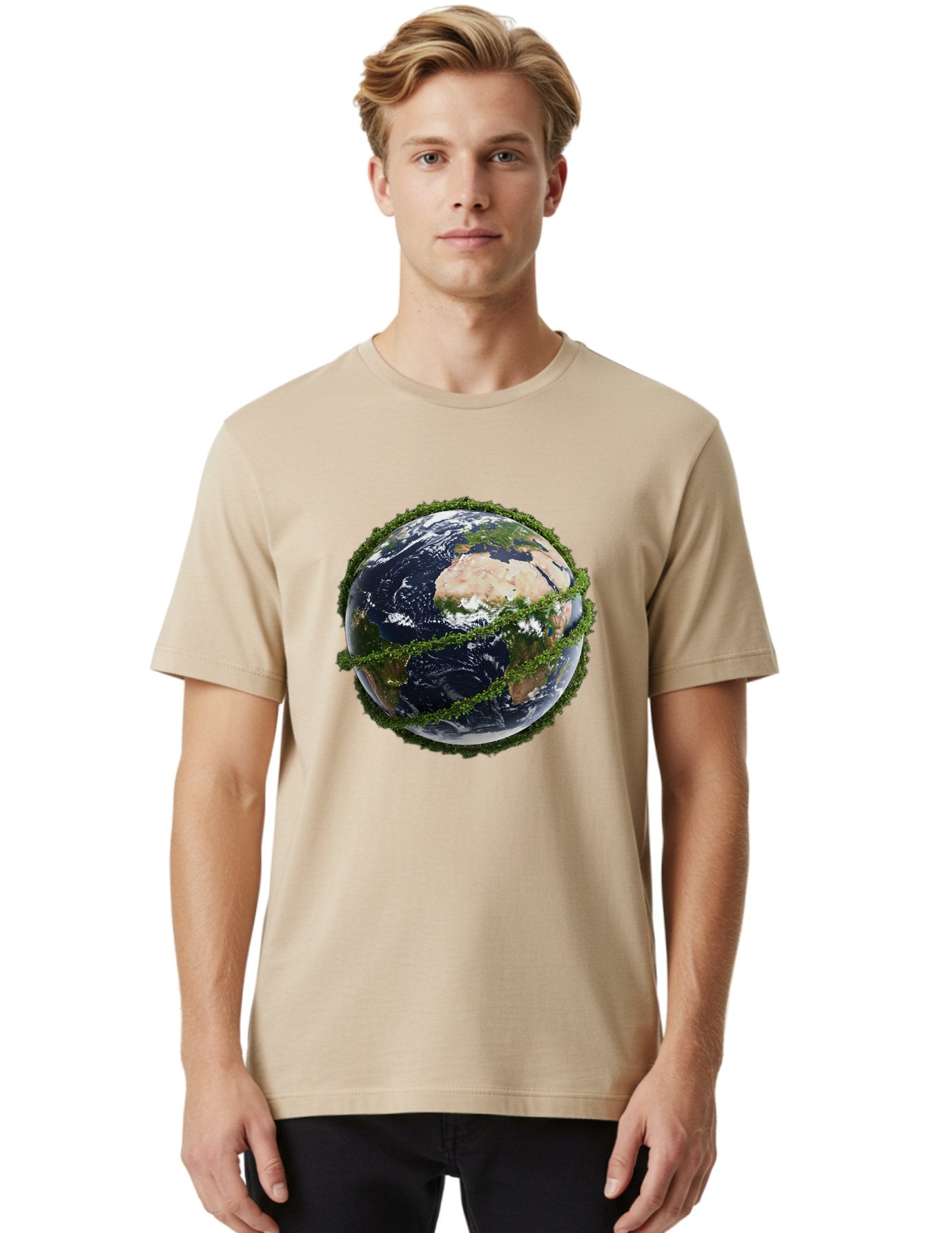 Earth-With-Foliage Men'S Graphic Tee, 100% Cotton, Comfortable Casual Summer Wear, Machine Washable, Globe Surrounded By Greenery, Earth From Space, Environmental Conservation, Global Unity, Sustainable Living, Eco-Friendly, Planet Earth, Baa587 27
