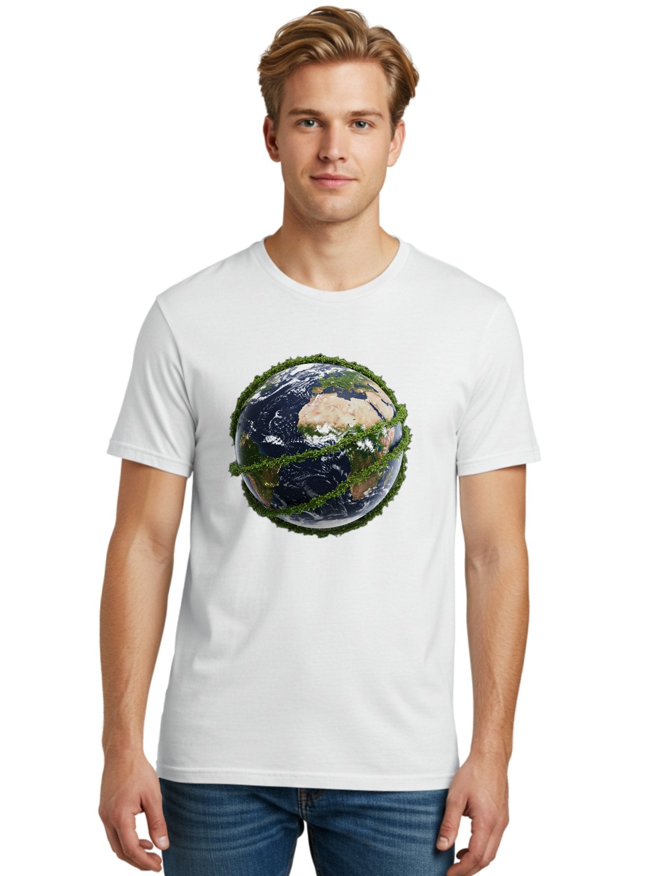 Earth-With-Foliage Men'S Graphic Tee, 100% Cotton, Comfortable Casual Summer Wear, Machine Washable, Globe Surrounded By Greenery, Earth From Space, Environmental Conservation, Global Unity, Sustainable Living, Eco-Friendly, Planet Earth, Baa587 29