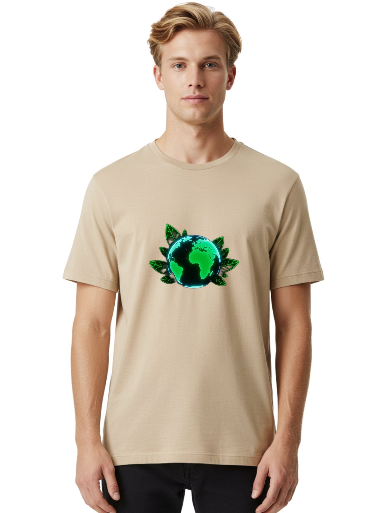 Earth-With-Leaves-1 Men'S Graphic Tee, 100% Cotton, Comfortable Casual Summer Wear, Machine Washable, Globe Surrounded By Leaves, Eco-Friendly, Environmental Awareness, Sustainable Living, Green Initiative, World Unity, Conservation Effort, Baa588 21