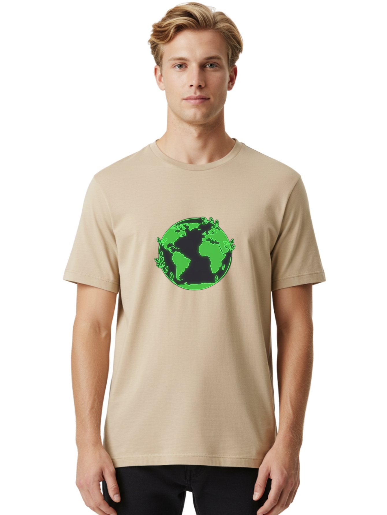 Earth-With-Leaves-2 Men'S Graphic Tee, 100% Cotton, Comfortable Casual Summer Wear, Machine Washable, Green Earth, Leaves Around The Globe, Eco-Friendly, Environmental Awareness, Global Unity, Nature Conservation, Sustainability, Earth Day Baa589 25