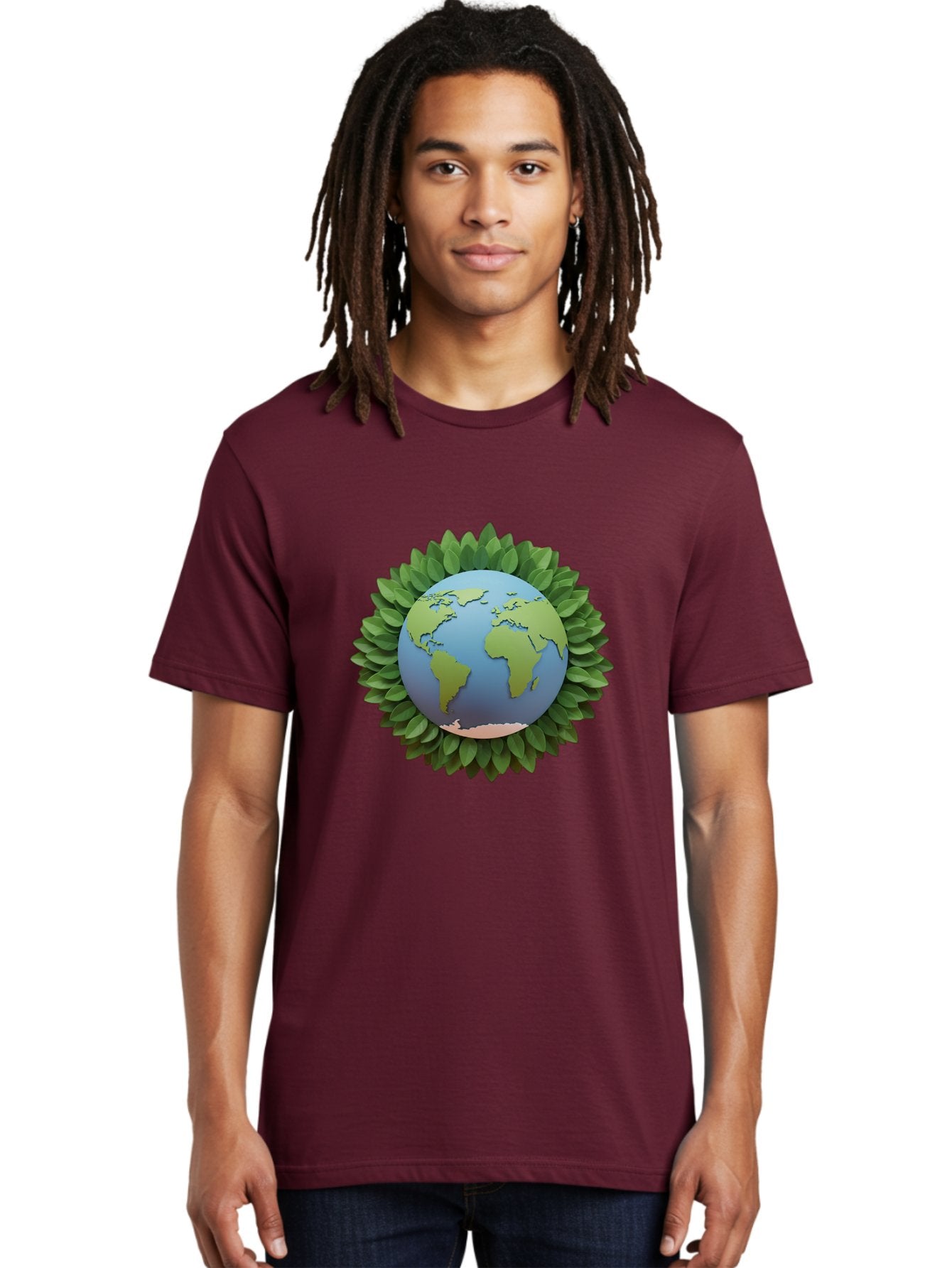 Earth-With-Leaves Men'S Graphic Tee, 100% Cotton, Comfortable Casual Summer Wear, Machine Washable, Globe Surrounded By Leaves, Eco-Friendly, Environmental Conservation, Green Energy, World Map, Eco-Conscious, Sustainability, Planet Earth Baa590 24