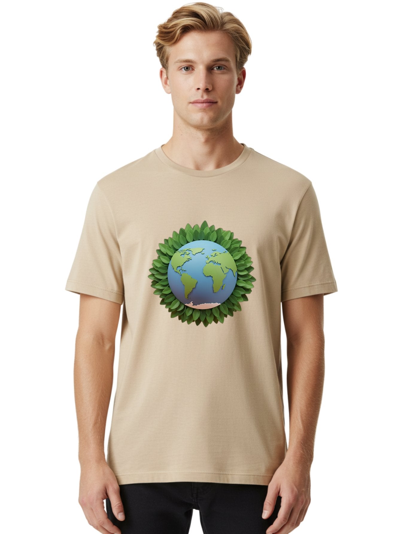 Earth-With-Leaves Men'S Graphic Tee, 100% Cotton, Comfortable Casual Summer Wear, Machine Washable, Globe Surrounded By Leaves, Eco-Friendly, Environmental Conservation, Green Energy, World Map, Eco-Conscious, Sustainability, Planet Earth Baa590 20
