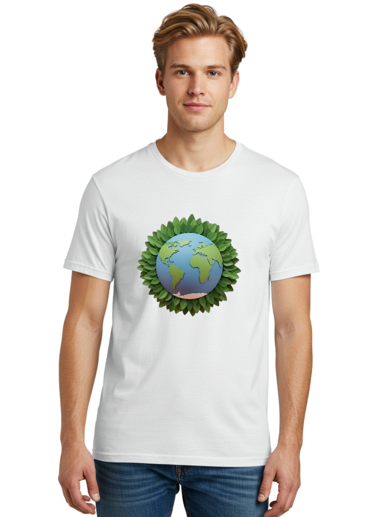 Earth-With-Leaves Men'S Graphic Tee, 100% Cotton, Comfortable Casual Summer Wear, Machine Washable, Globe Surrounded By Leaves, Eco-Friendly, Environmental Conservation, Green Energy, World Map, Eco-Conscious, Sustainability, Planet Earth Baa590 27