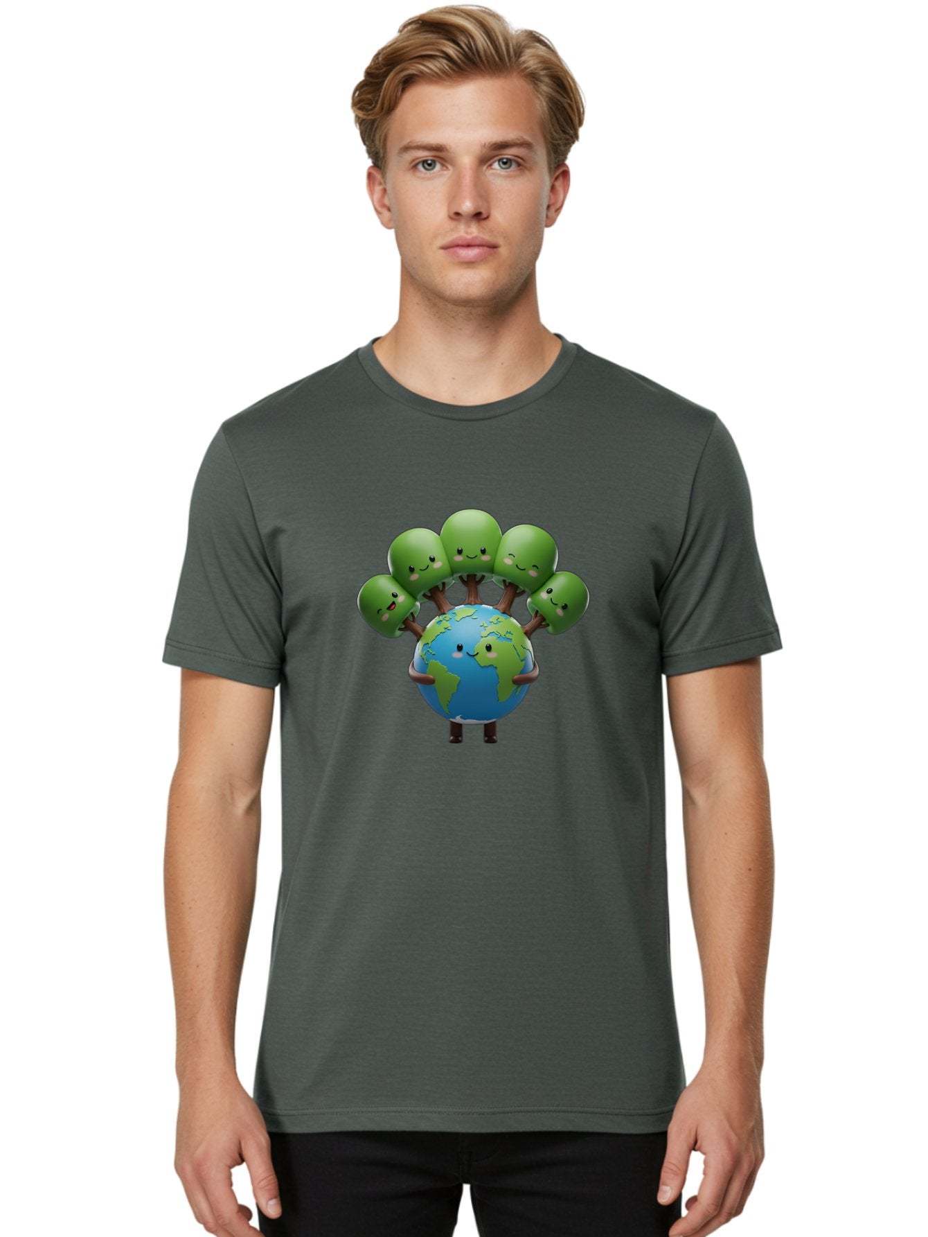 Earth-With-Smiling-Faces Men'S Graphic Tee, 100% Cotton, Comfortable Casual Summer Wear, Machine Washable, Cartoon Earth, Smiling Globe, Green Tentacles, Friendly World, Environmental Awareness, Cute Illustration, Eco-Friendly, Happy Planet, Baa591 17