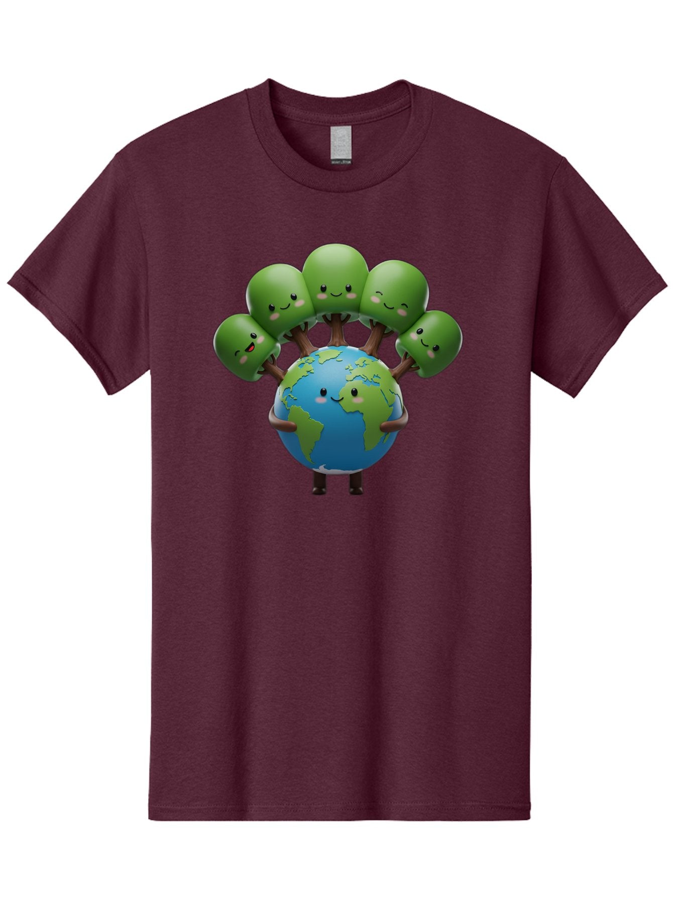 Earth-With-Smiling-Faces Men'S Graphic Tee, 100% Cotton, Comfortable Casual Summer Wear, Machine Washable, Cartoon Earth, Smiling Globe, Green Tentacles, Friendly World, Environmental Awareness, Cute Illustration, Eco-Friendly, Happy Planet, Baa591 9