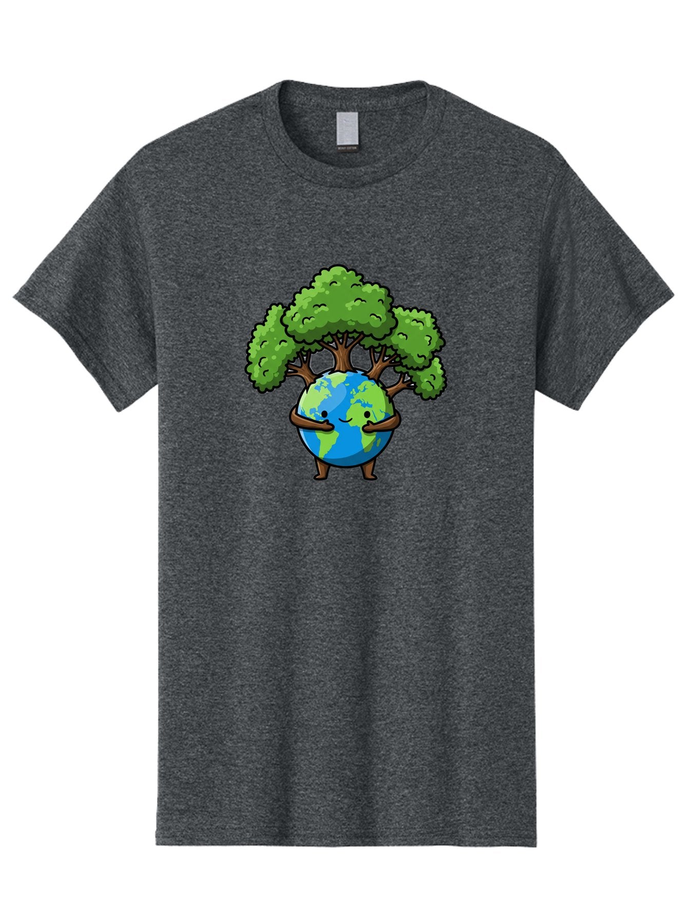 Earth-With-Tree Men'S Graphic Tee, 100% Cotton, Comfortable Casual Summer Wear, Machine Washable, Cartoon Globe, Smiling Earth, Tree On Earth, Environmental Protection, Eco Friendly, Conservation, Sustainability, Green Earth, Eco Awareness Baa592