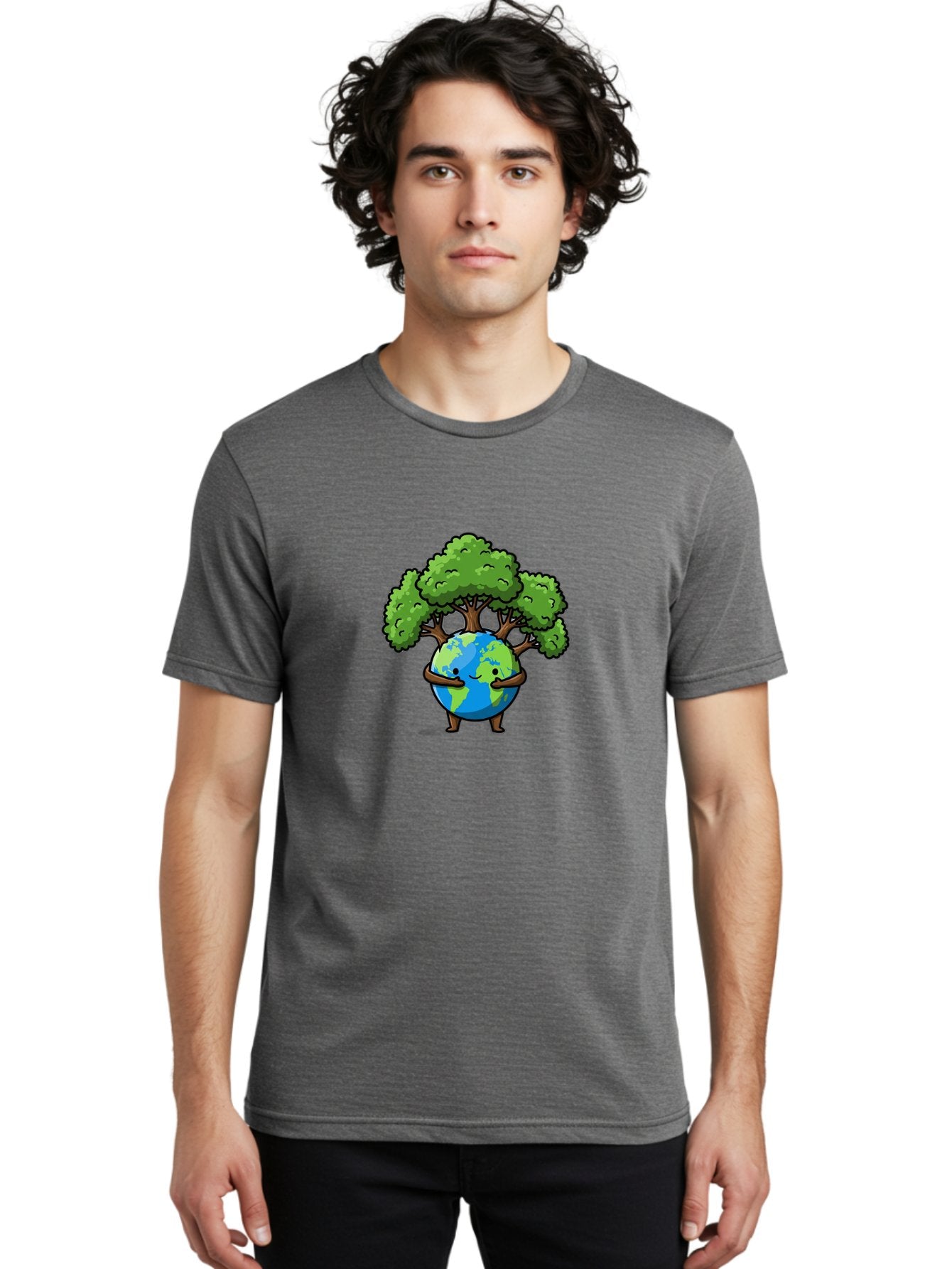 Earth-With-Tree Men'S Graphic Tee, 100% Cotton, Comfortable Casual Summer Wear, Machine Washable, Cartoon Globe, Smiling Earth, Tree On Earth, Environmental Protection, Eco Friendly, Conservation, Sustainability, Green Earth, Eco Awareness Baa592 28