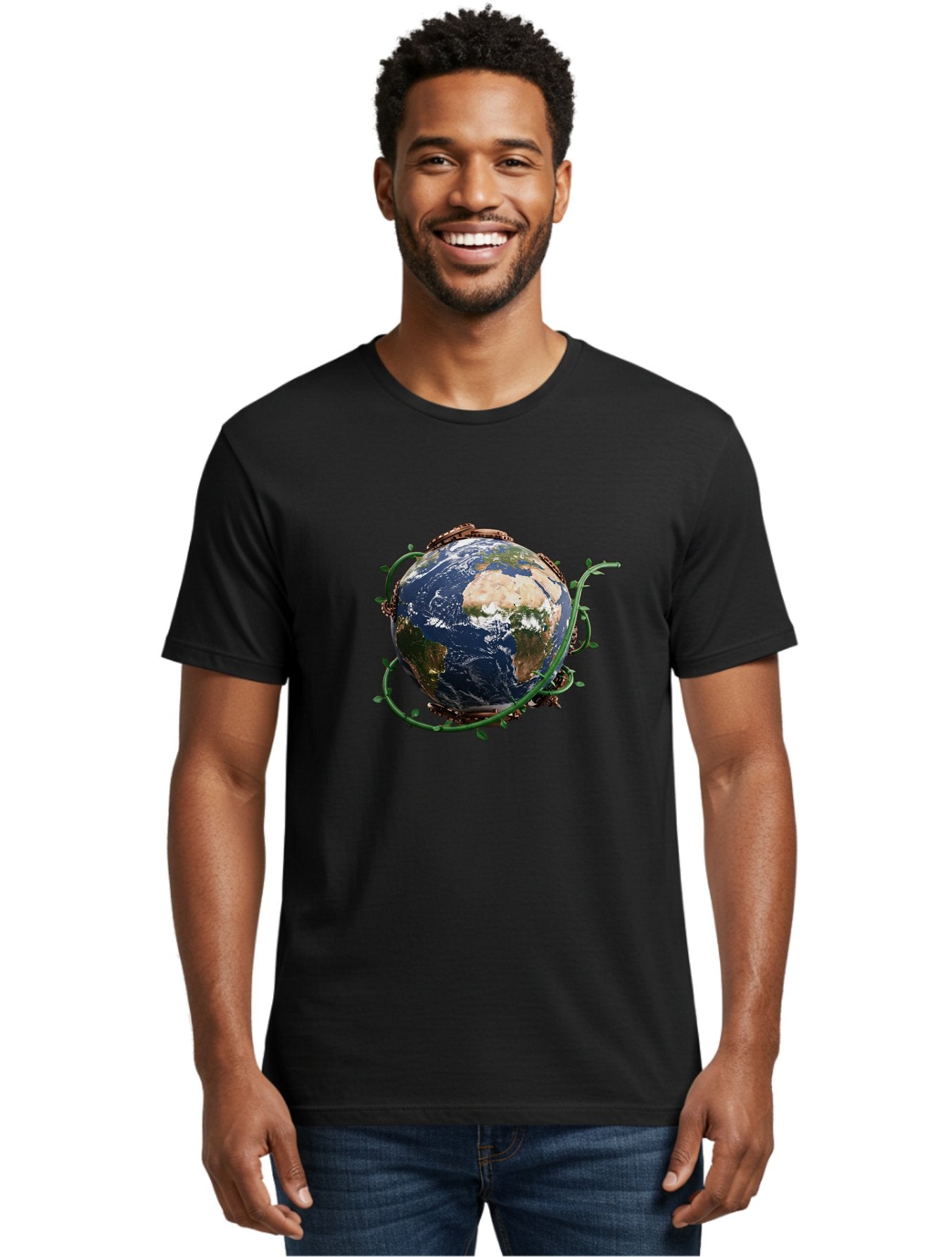 Earth-With-Vines Men'S Graphic Tee, 100% Cotton, Comfortable Casual Summer Wear, Machine Washable, Earth From Space, Global Unity, Environmental Protection, Eco Friendly, Vines, Leaves, Sustainable Living, Planet Earth Baa593 23