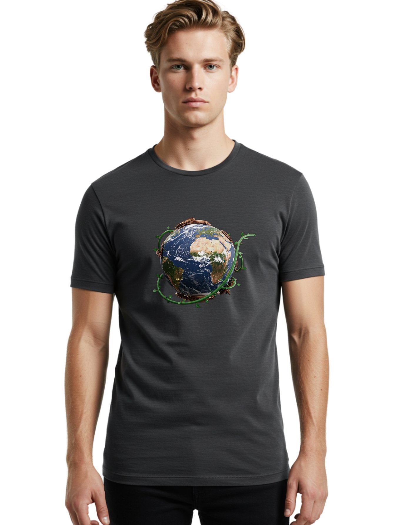 Earth-With-Vines Men'S Graphic Tee, 100% Cotton, Comfortable Casual Summer Wear, Machine Washable, Earth From Space, Global Unity, Environmental Protection, Eco Friendly, Vines, Leaves, Sustainable Living, Planet Earth Baa593 19