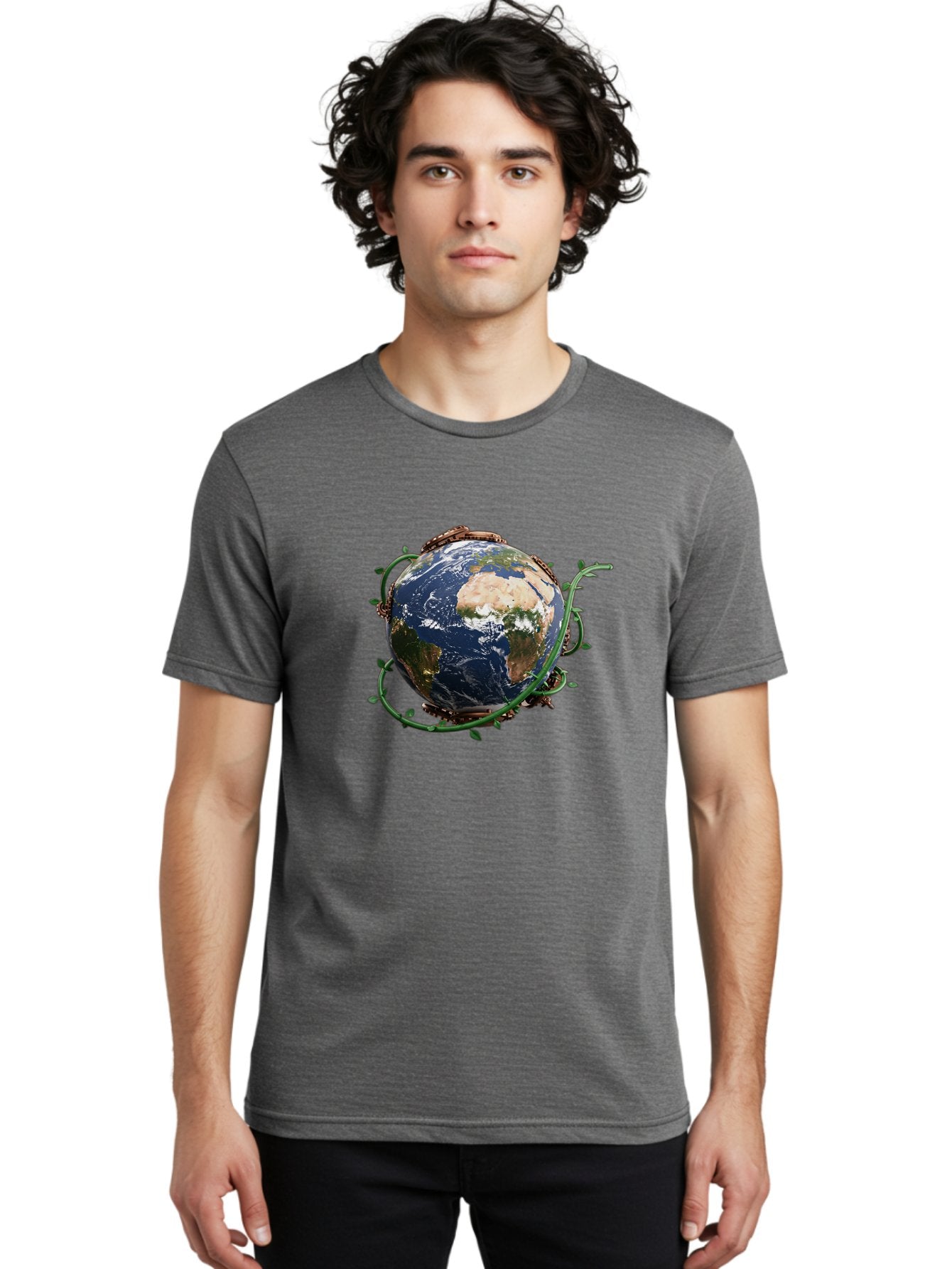 Earth-With-Vines Men'S Graphic Tee, 100% Cotton, Comfortable Casual Summer Wear, Machine Washable, Earth From Space, Global Unity, Environmental Protection, Eco Friendly, Vines, Leaves, Sustainable Living, Planet Earth Baa593 25