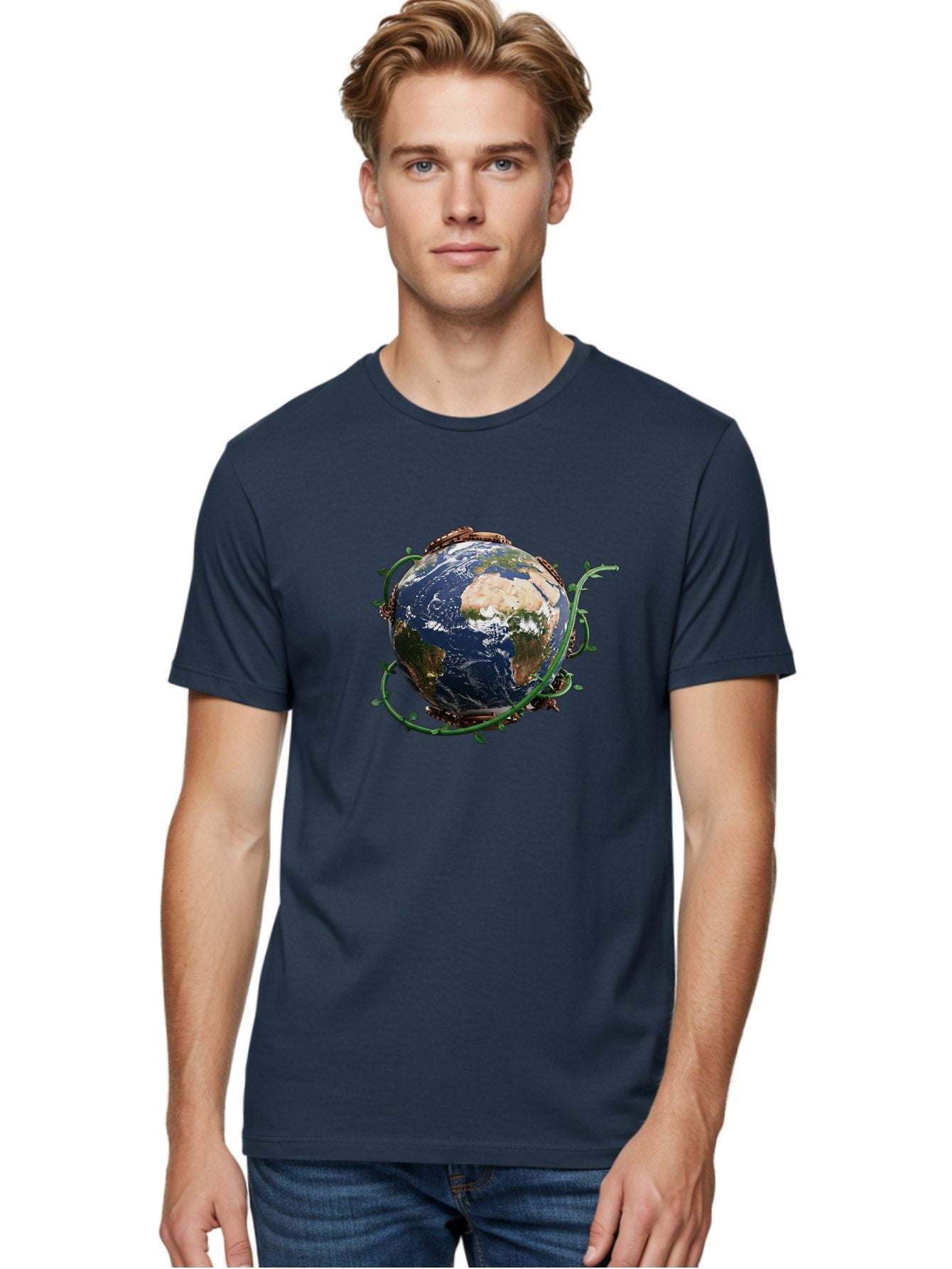 Earth-With-Vines Men'S Graphic Tee, 100% Cotton, Comfortable Casual Summer Wear, Machine Washable, Earth From Space, Global Unity, Environmental Protection, Eco Friendly, Vines, Leaves, Sustainable Living, Planet Earth Baa593 27