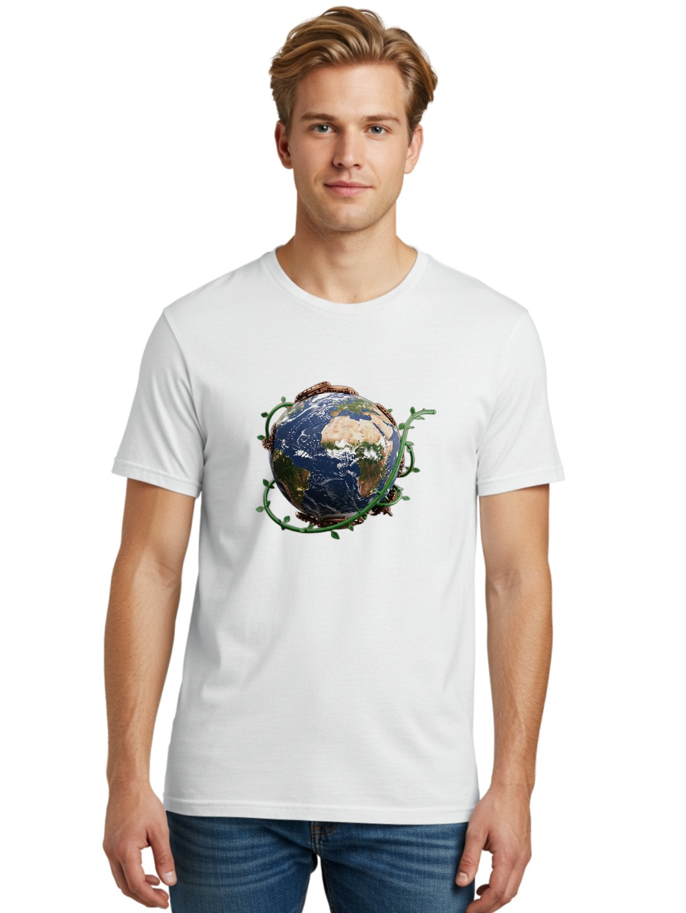 Earth-With-Vines Men'S Graphic Tee, 100% Cotton, Comfortable Casual Summer Wear, Machine Washable, Earth From Space, Global Unity, Environmental Protection, Eco Friendly, Vines, Leaves, Sustainable Living, Planet Earth Baa593 17