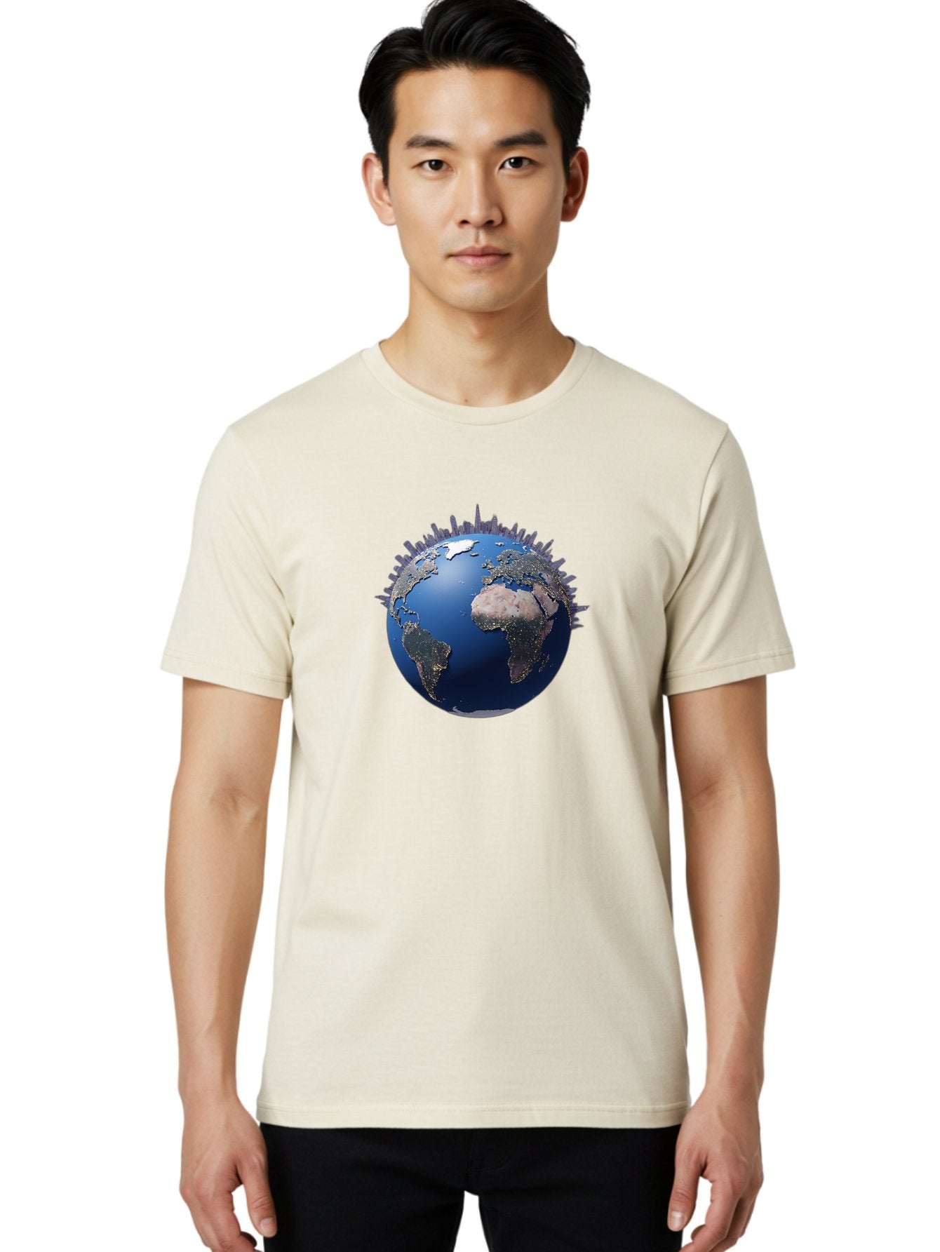 Earth Men'S Graphic Tee, 100% Cotton, Comfortable Casual Summer Wear, Machine Washable, Globe Showing City Lights, Global Connectivity, Urbanization, Night Lights, World Map, Global Network, International Data Baa594 24