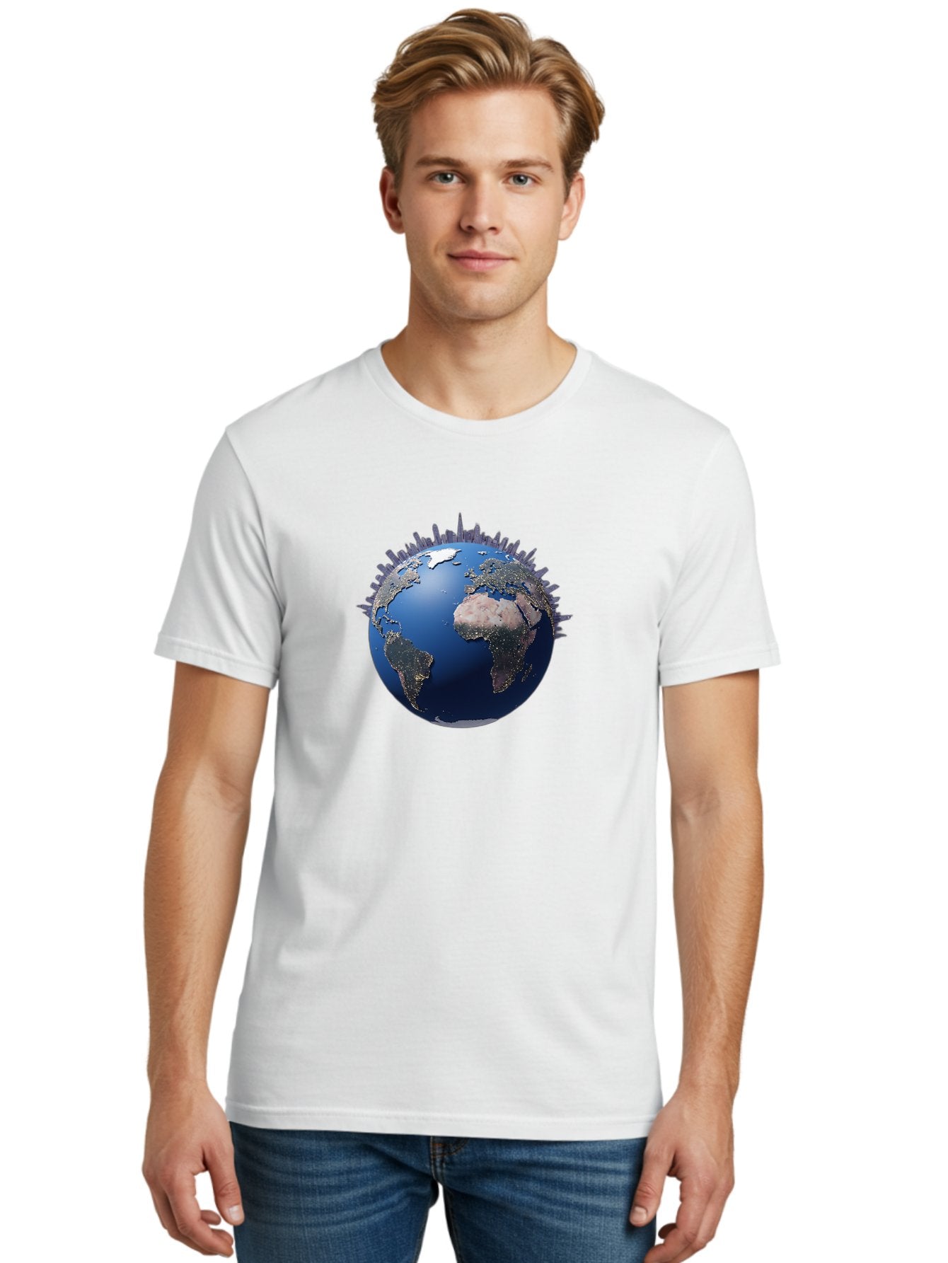 Earth Men'S Graphic Tee, 100% Cotton, Comfortable Casual Summer Wear, Machine Washable, Globe Showing City Lights, Global Connectivity, Urbanization, Night Lights, World Map, Global Network, International Data Baa594 22