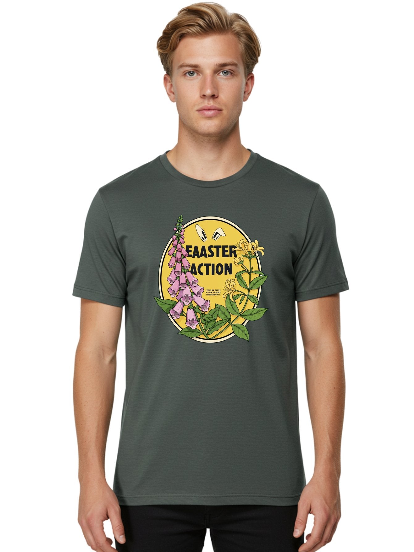 Easter-Action Men'S Graphic Tee, 100% Cotton, Comfortable Casual Summer Wear, Machine Washable, Easter Action Graphic, Easter Eggs, Digital Illustration, Foxglove Flowers, Spring Flowers, Pastel Colors, Botanical Art, Floral Design, Baa595 18
