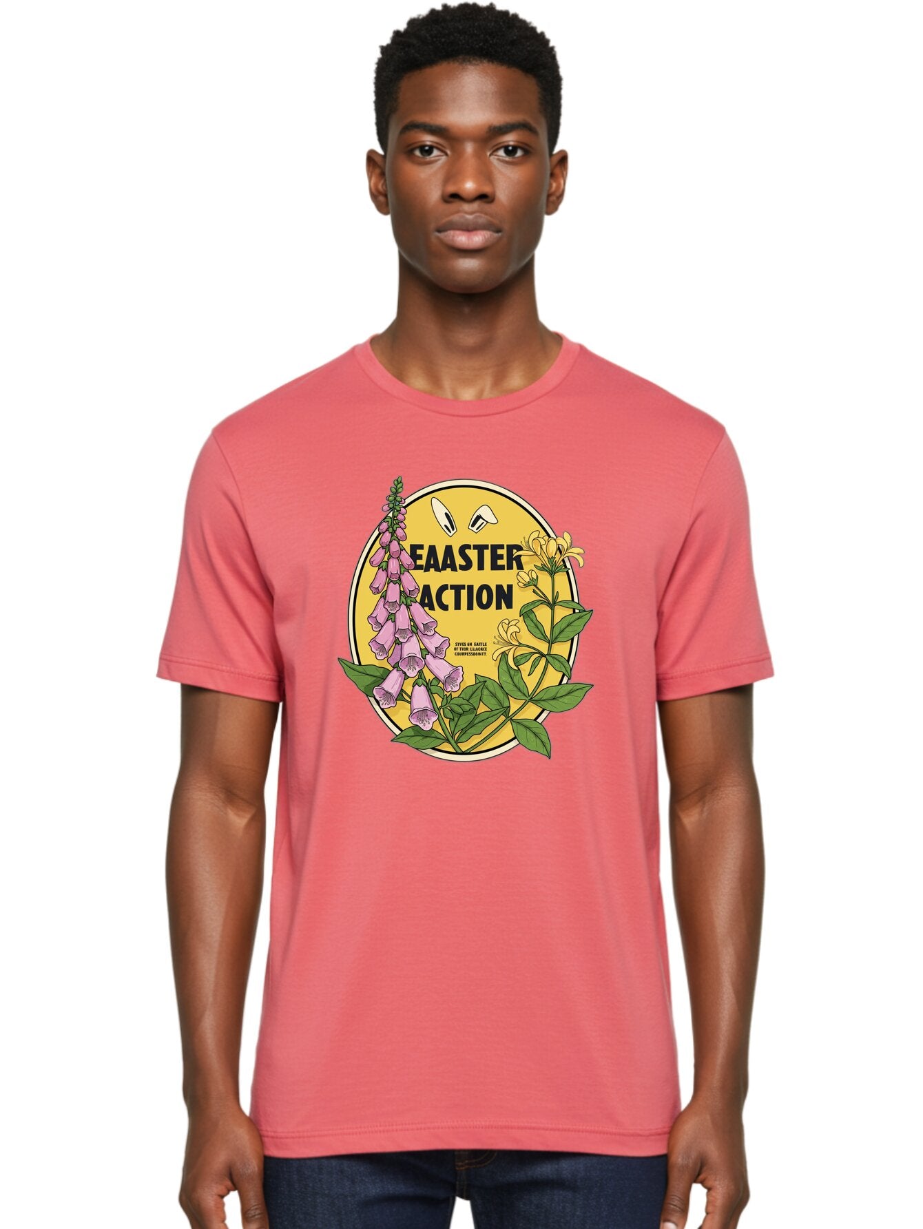 Easter-Action Men'S Graphic Tee, 100% Cotton, Comfortable Casual Summer Wear, Machine Washable, Easter Action Graphic, Easter Eggs, Digital Illustration, Foxglove Flowers, Spring Flowers, Pastel Colors, Botanical Art, Floral Design, Baa595 29