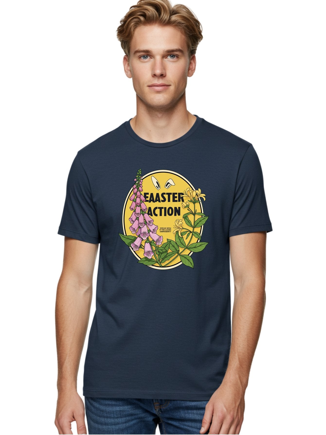 Easter-Action Men'S Graphic Tee, 100% Cotton, Comfortable Casual Summer Wear, Machine Washable, Easter Action Graphic, Easter Eggs, Digital Illustration, Foxglove Flowers, Spring Flowers, Pastel Colors, Botanical Art, Floral Design, Baa595 20