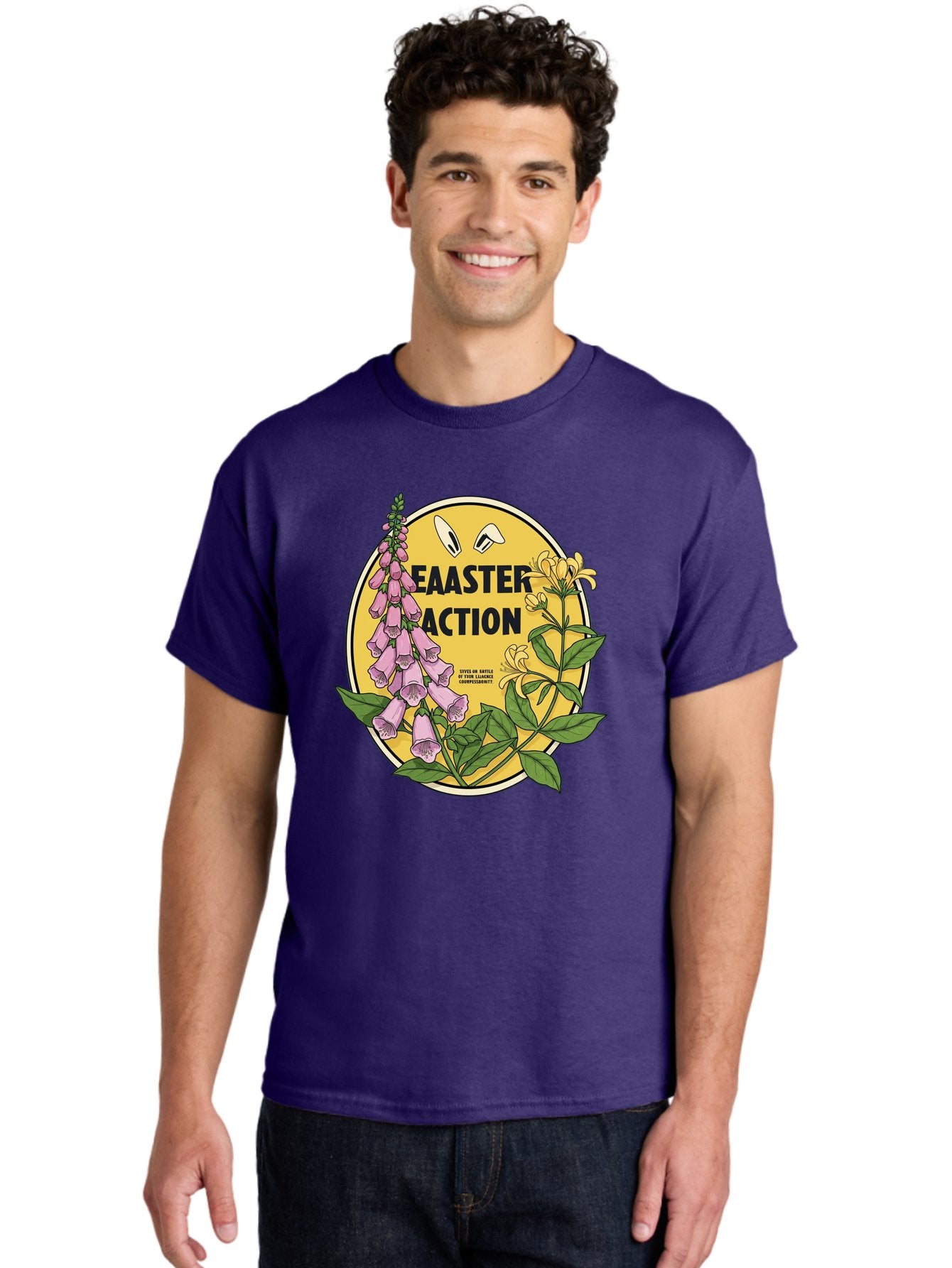 Easter-Action Men'S Graphic Tee, 100% Cotton, Comfortable Casual Summer Wear, Machine Washable, Easter Action Graphic, Easter Eggs, Digital Illustration, Foxglove Flowers, Spring Flowers, Pastel Colors, Botanical Art, Floral Design, Baa595 16