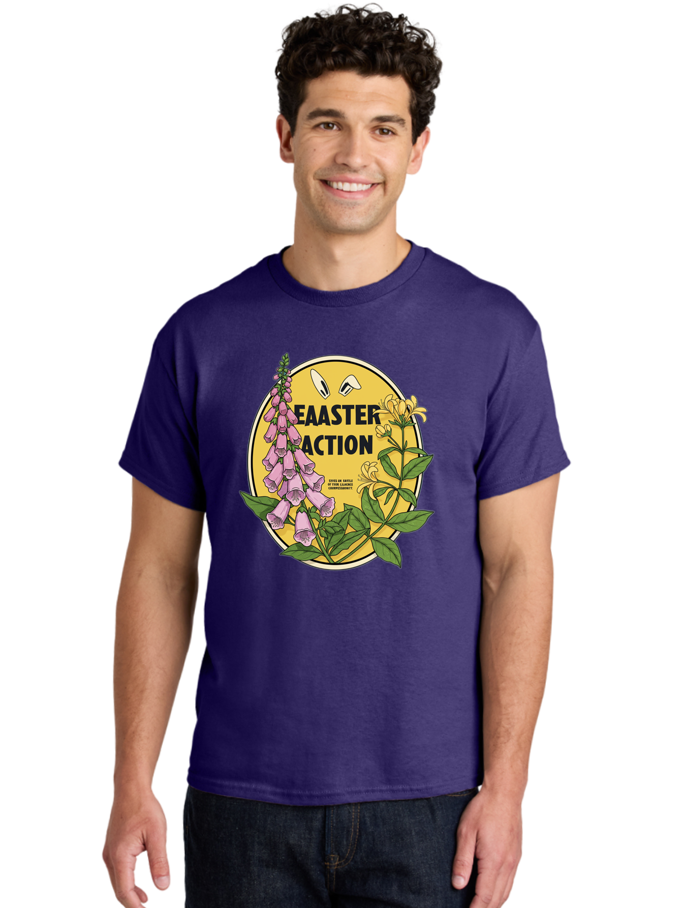 Easter-Action Men'S Graphic Tee, 100% Cotton, Comfortable Casual Summer Wear, Machine Washable, Easter Action Graphic, Easter Eggs, Digital Illustration, Foxglove Flowers, Spring Flowers, Pastel Colors, Botanical Art, Floral Design, Baa595 26