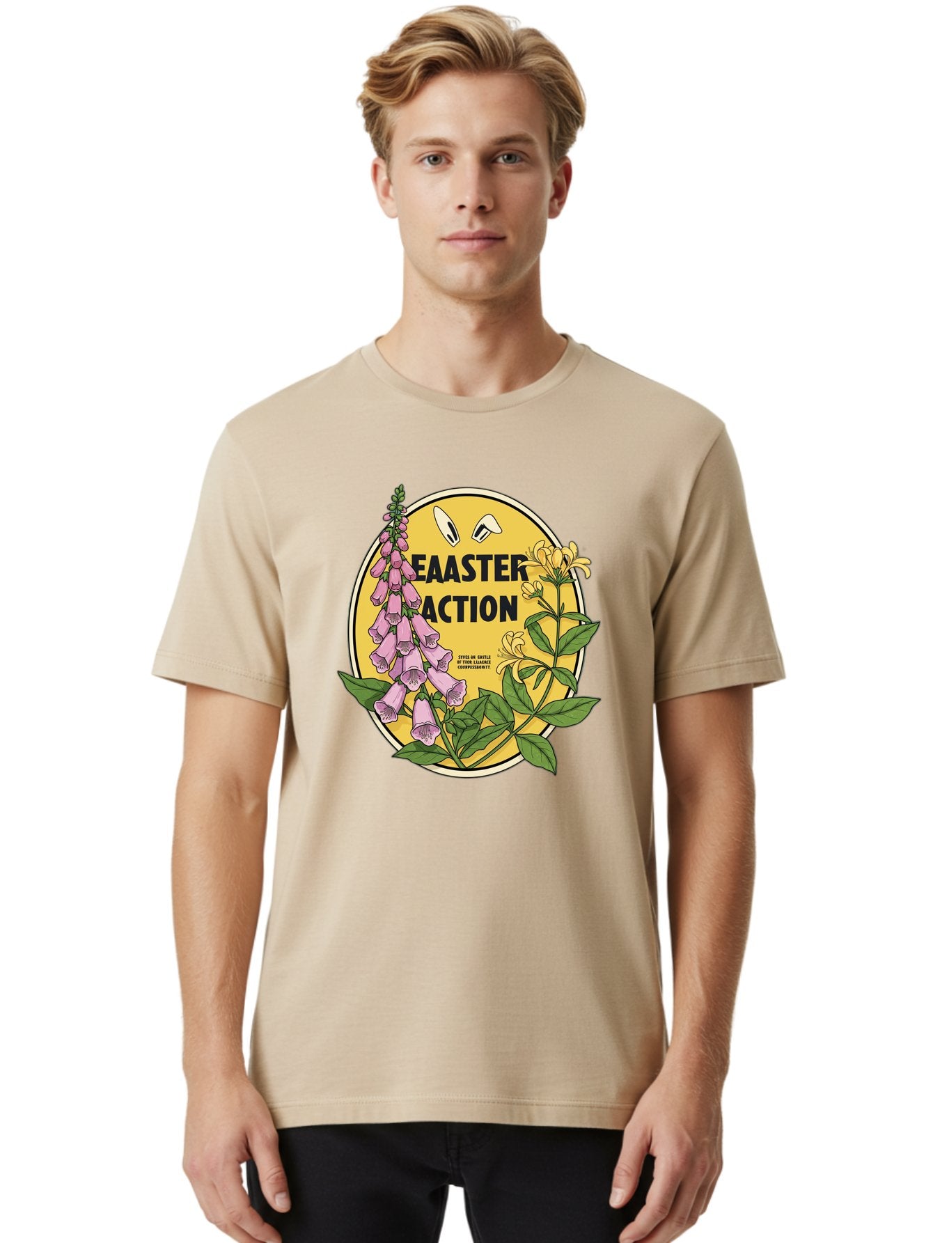 Easter-Action Men'S Graphic Tee, 100% Cotton, Comfortable Casual Summer Wear, Machine Washable, Easter Action Graphic, Easter Eggs, Digital Illustration, Foxglove Flowers, Spring Flowers, Pastel Colors, Botanical Art, Floral Design, Baa595 24