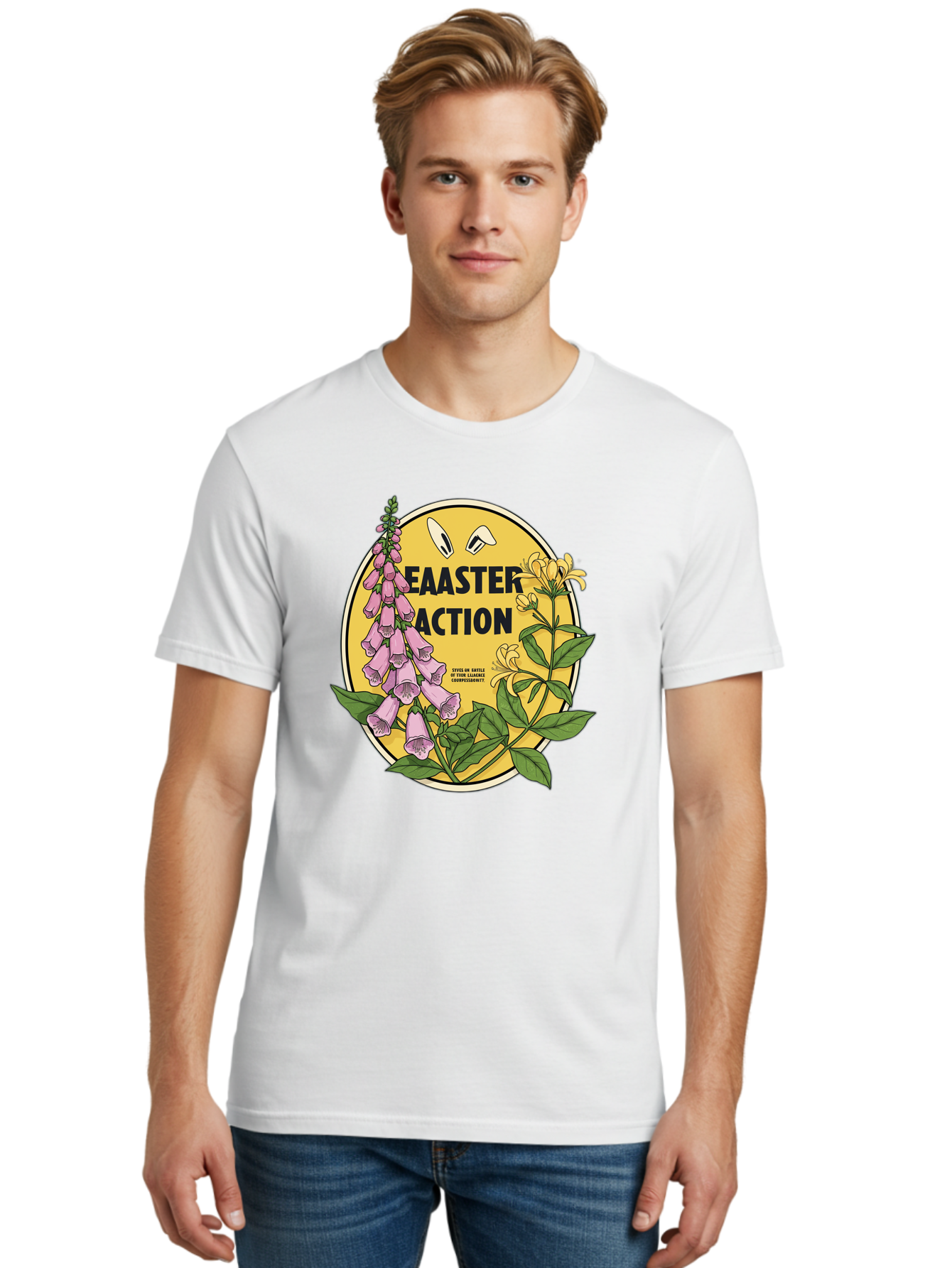 Easter-Action Men'S Graphic Tee, 100% Cotton, Comfortable Casual Summer Wear, Machine Washable, Easter Action Graphic, Easter Eggs, Digital Illustration, Foxglove Flowers, Spring Flowers, Pastel Colors, Botanical Art, Floral Design, Baa595 18