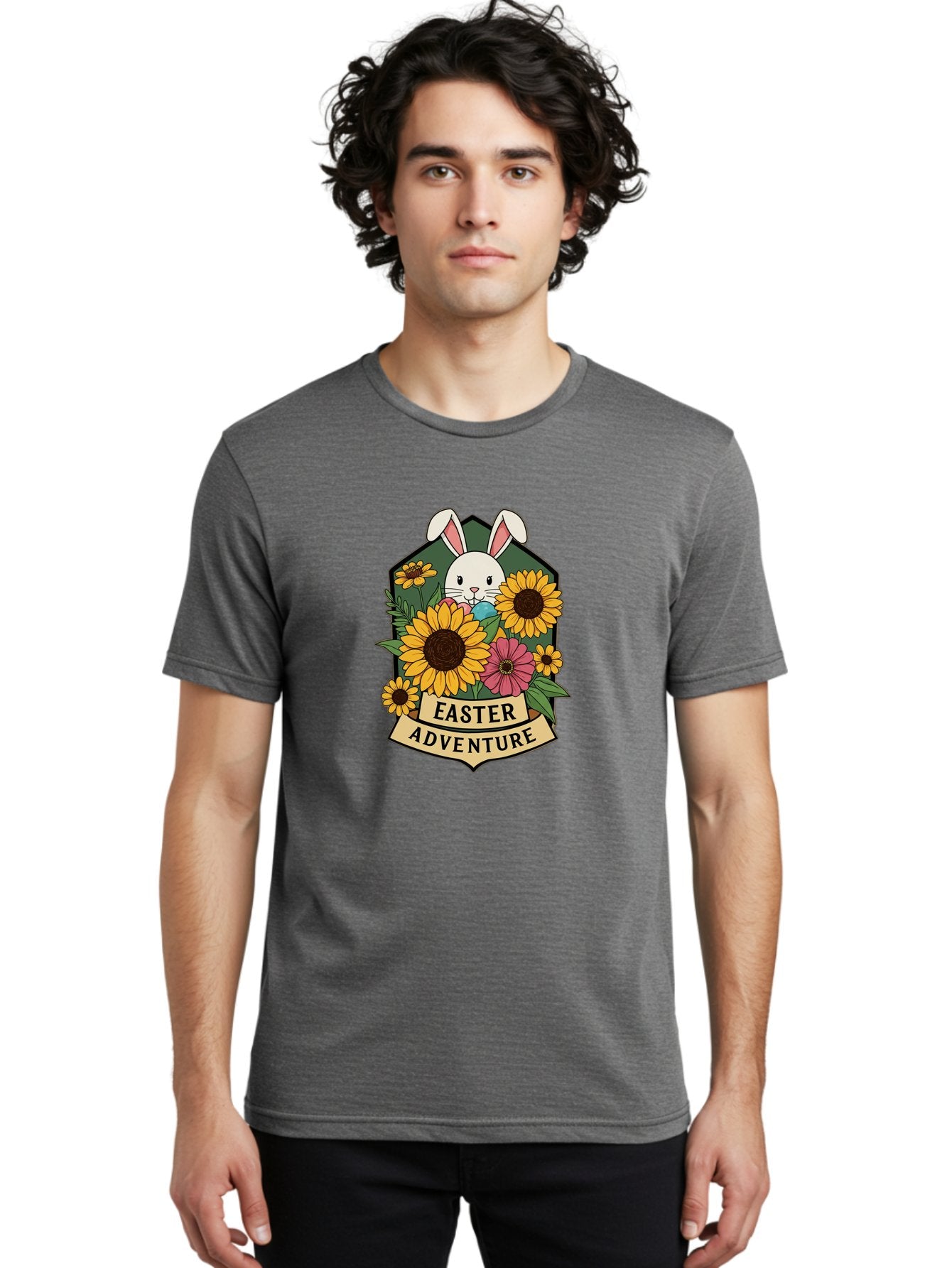 Easter-Adventure Men'S Graphic Tee, 100% Cotton, Comfortable Casual Summer Wear, Machine Washable, Easter Bunny, Sunflowers, Daisies, Floral Arrangement, Spring Flowers, Easter Eggs, Cute Cartoon Bunny, Easter Theme, Festive Design Baa596 29