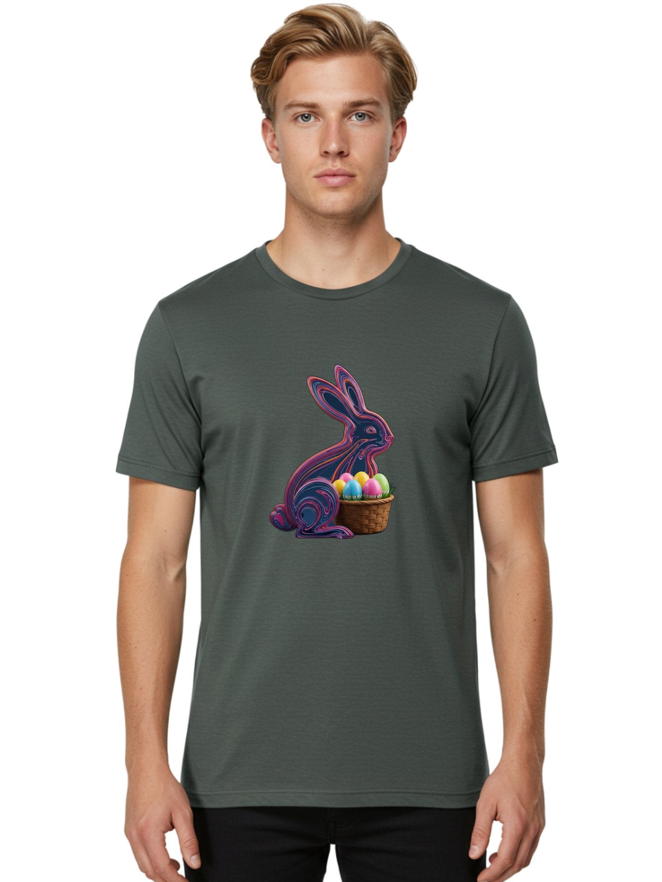 Easter-Bunny-1 Men'S Graphic Tee, 100% Cotton, Comfortable Casual Summer Wear, Machine Washable, Easter Bunny, Pastel Eggs, Colorful Eggs, Wicker Basket, Festive Decor, Spring Theme, Vibrant Colors, Holiday Symbol, Easter Eggs Baa597 30